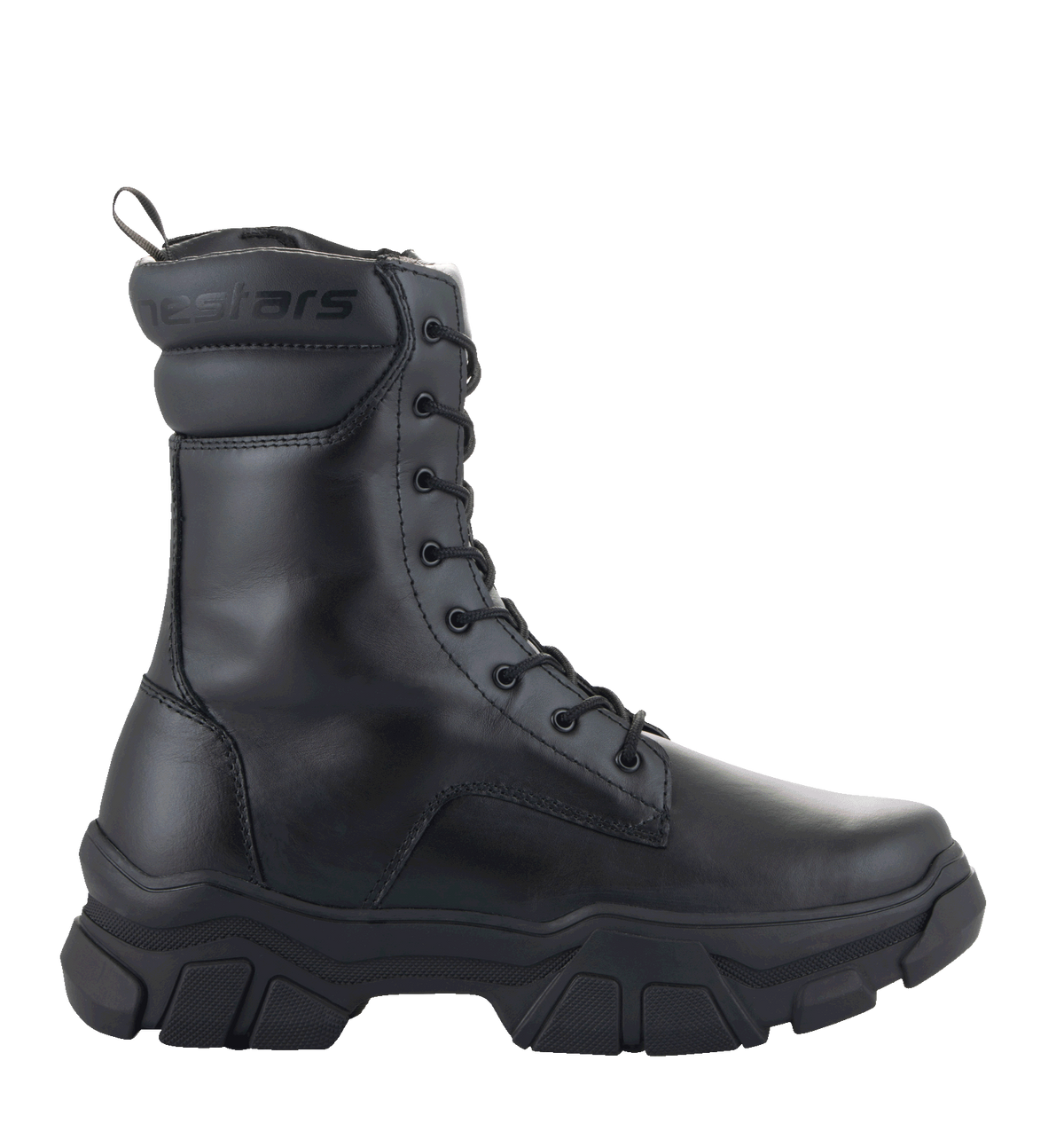 Bottes Alpinestars Ava pour femme, bottes de moto urbaines, noir, vue de profil, semelle épaisse surélevée en caoutchouc, construction en cuir pleine fleur, fermeture à lacets, design d'inspiration utilitaire pour la ville et la moto.