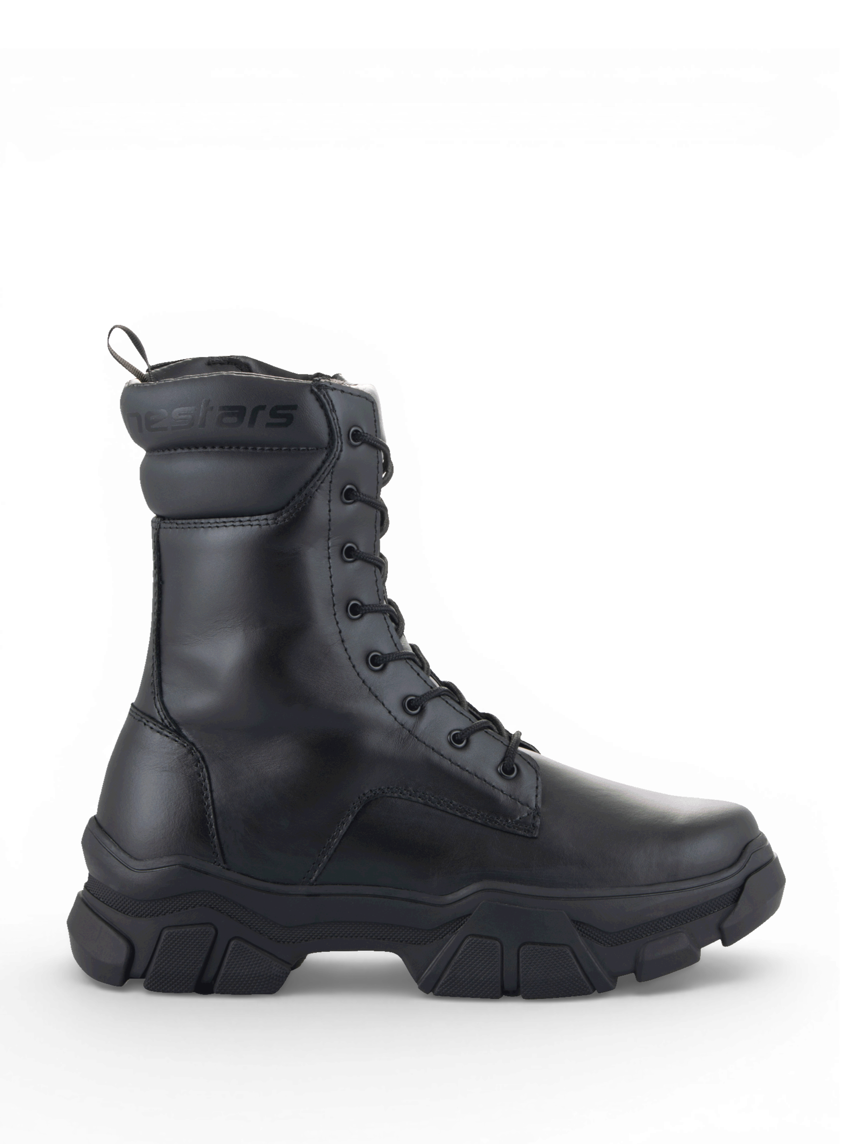 Alpinestars Ava, bottes de moto urbaines pour femme, noires, en cuir avec une semelle surélevée massive, style utilitaire moderne