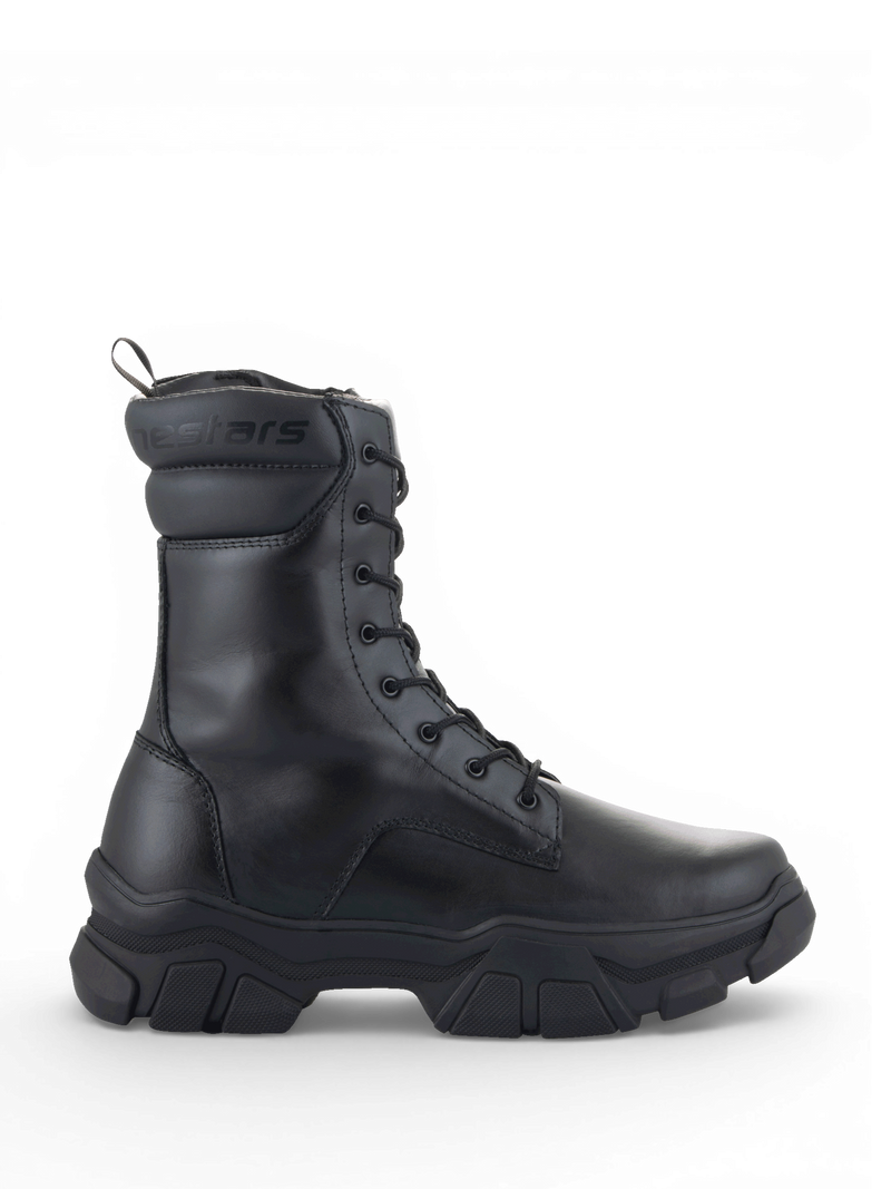 Alpinestars Ava, bottes de moto urbaines pour femme, noires, en cuir avec une semelle surélevée massive, style utilitaire moderne