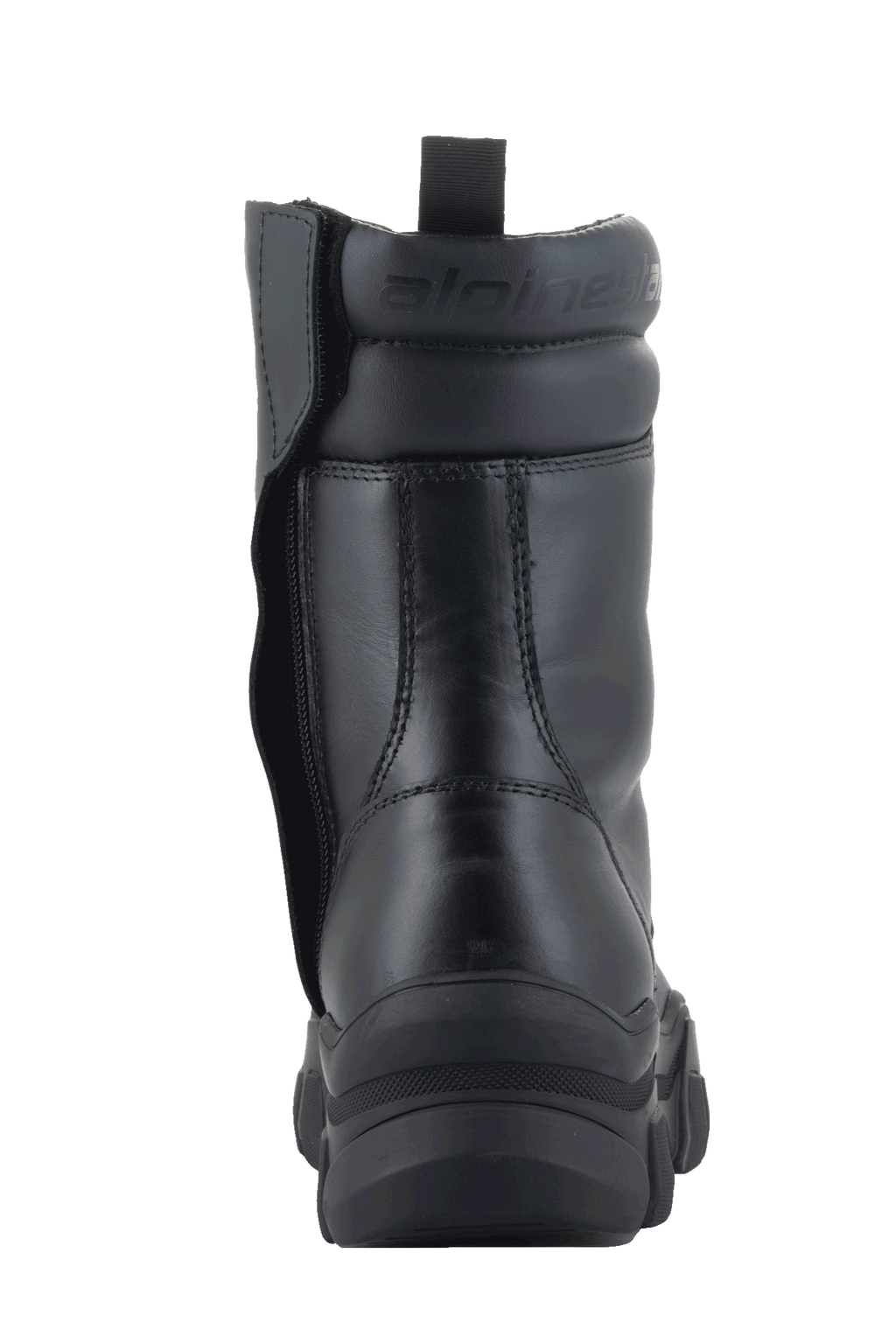 Alpinestars Ava Women Boots, Black, rear view showing elevated chunky rubber sole and medial side zipper, full-grain leather construction with padded ankle collar and embossed logo, modern urban footwear for motorcycling.