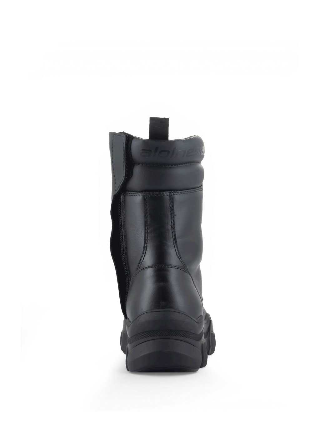 Alpinestars Bottes Ava, bottes de moto urbaine pour femme, noires, cuir pleine fleur, vue de dos avec semelle surélevée massive et fermeture éclair latérale.