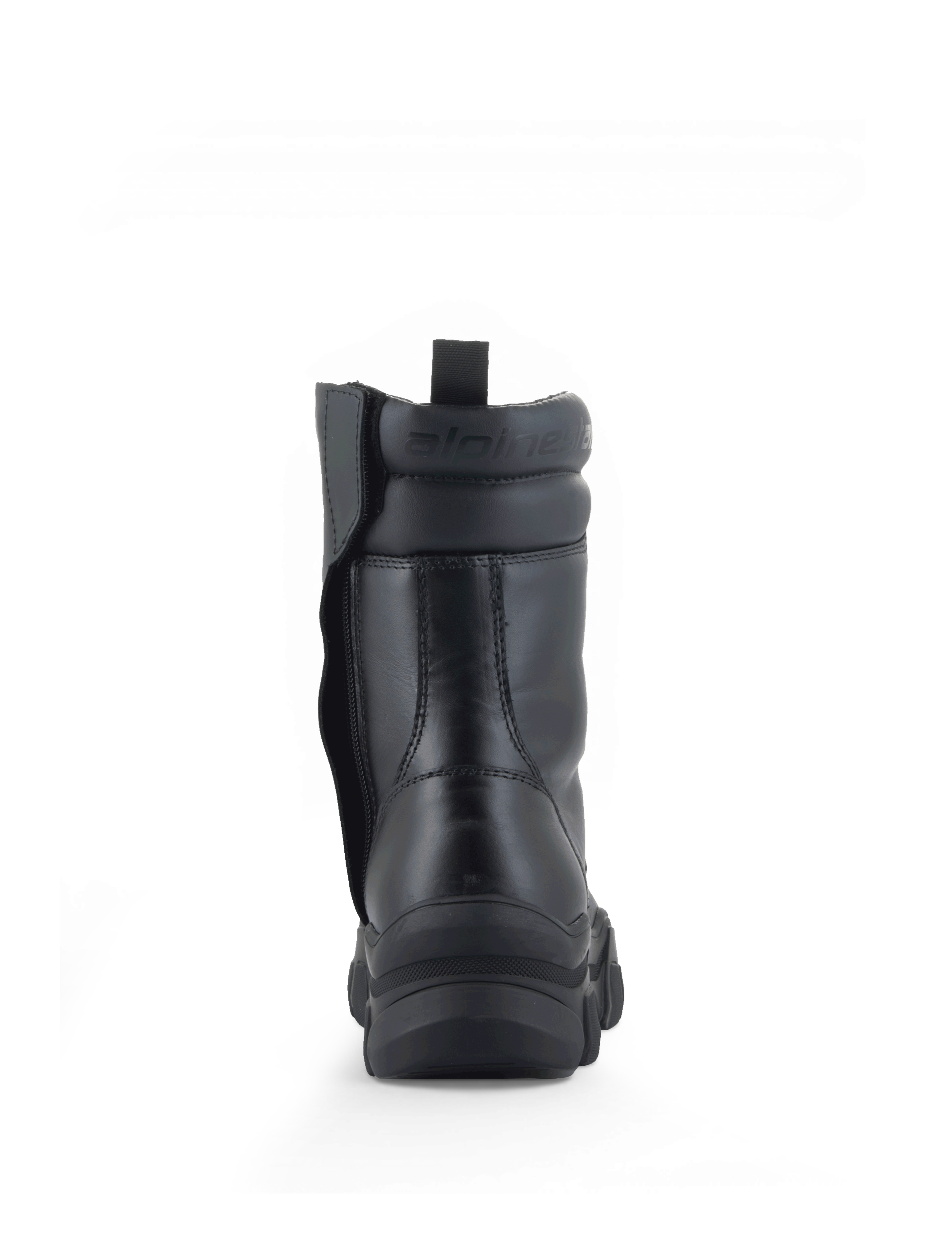 Alpinestars Bottes Ava, bottes de moto urbaine pour femme, noires, cuir pleine fleur, vue de dos avec semelle surélevée massive et fermeture éclair latérale.