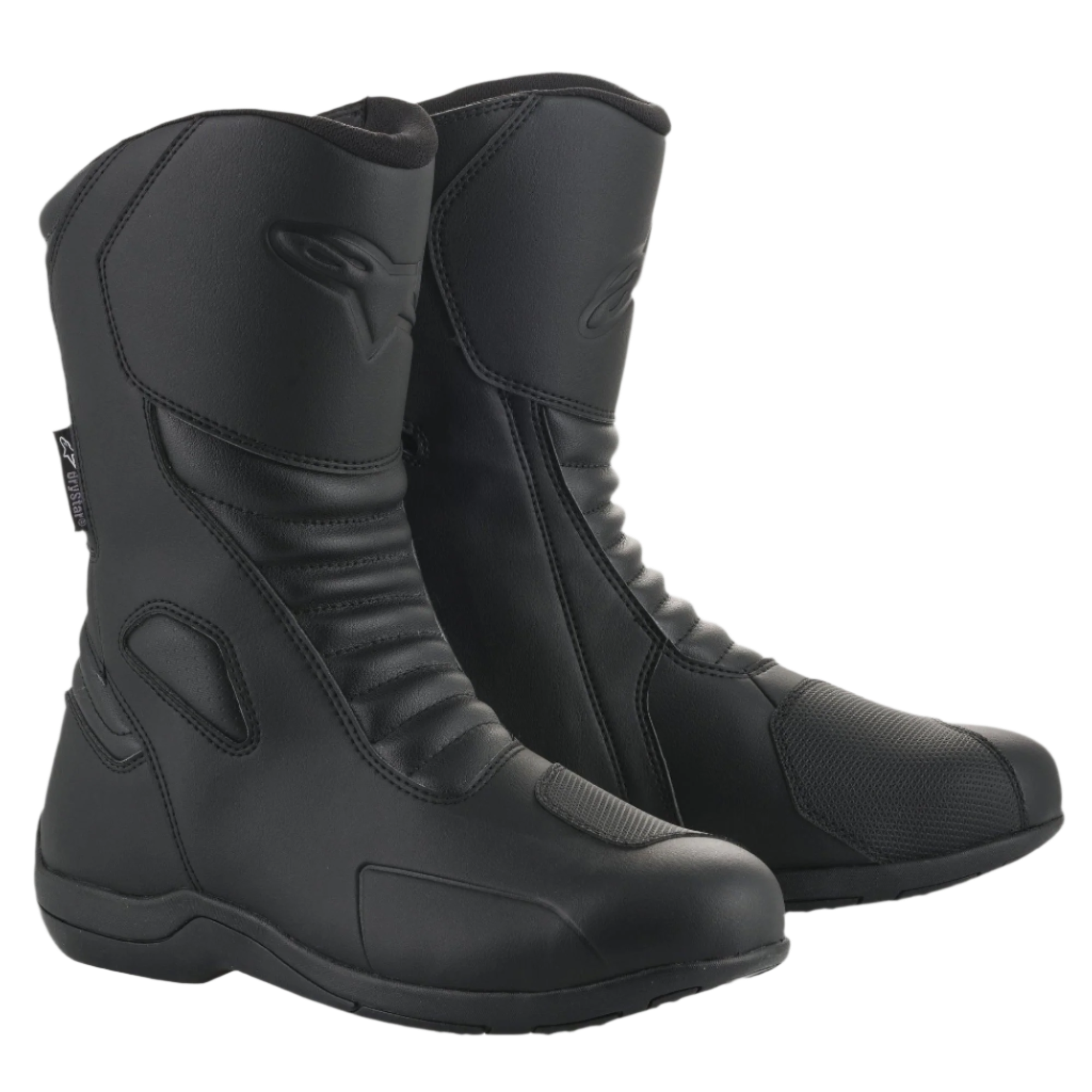 Bottes Alpinestars Origin Drystar®, bottes de moto touring noires, tige en microfibre avec zones de flexion en accordéon à l'avant, logo Alpinestars embossé sur le mollet, renfort de sélecteur synthétique, design imperméable épuré pour la route et l'aventure