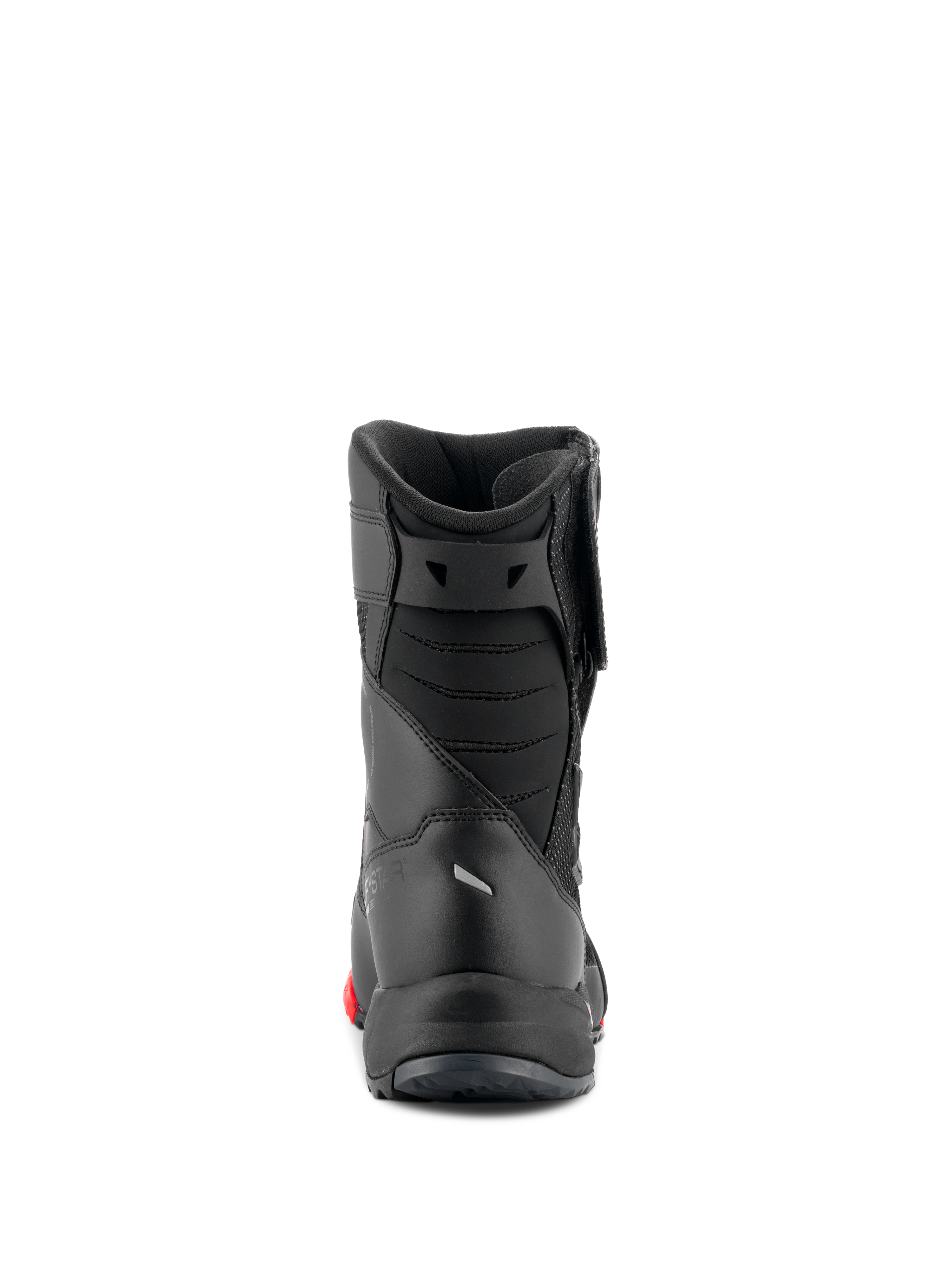 Alpinestars RT-7 Drystar® Boots, Motorcycle Touring Boots, Black and Red, rear view showing padded achilles bellows and sleek construction, waterproof protective footwear for road and adventure