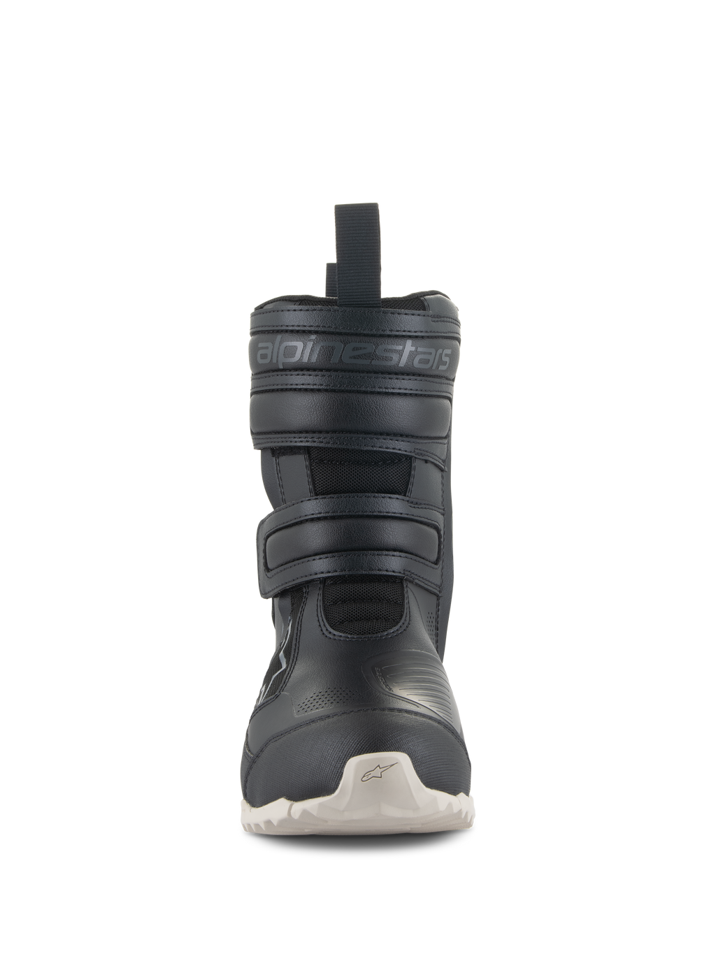 Bottes Alpinestars Stella RT-7 Touring Drystar®, bottes de moto touring pour femme, noires, vue de face avec double fermeture à sangles Velcro, marquage Alpinestars embossé, tige en microfibre technique et semelle extérieure à crampons de couleur claire