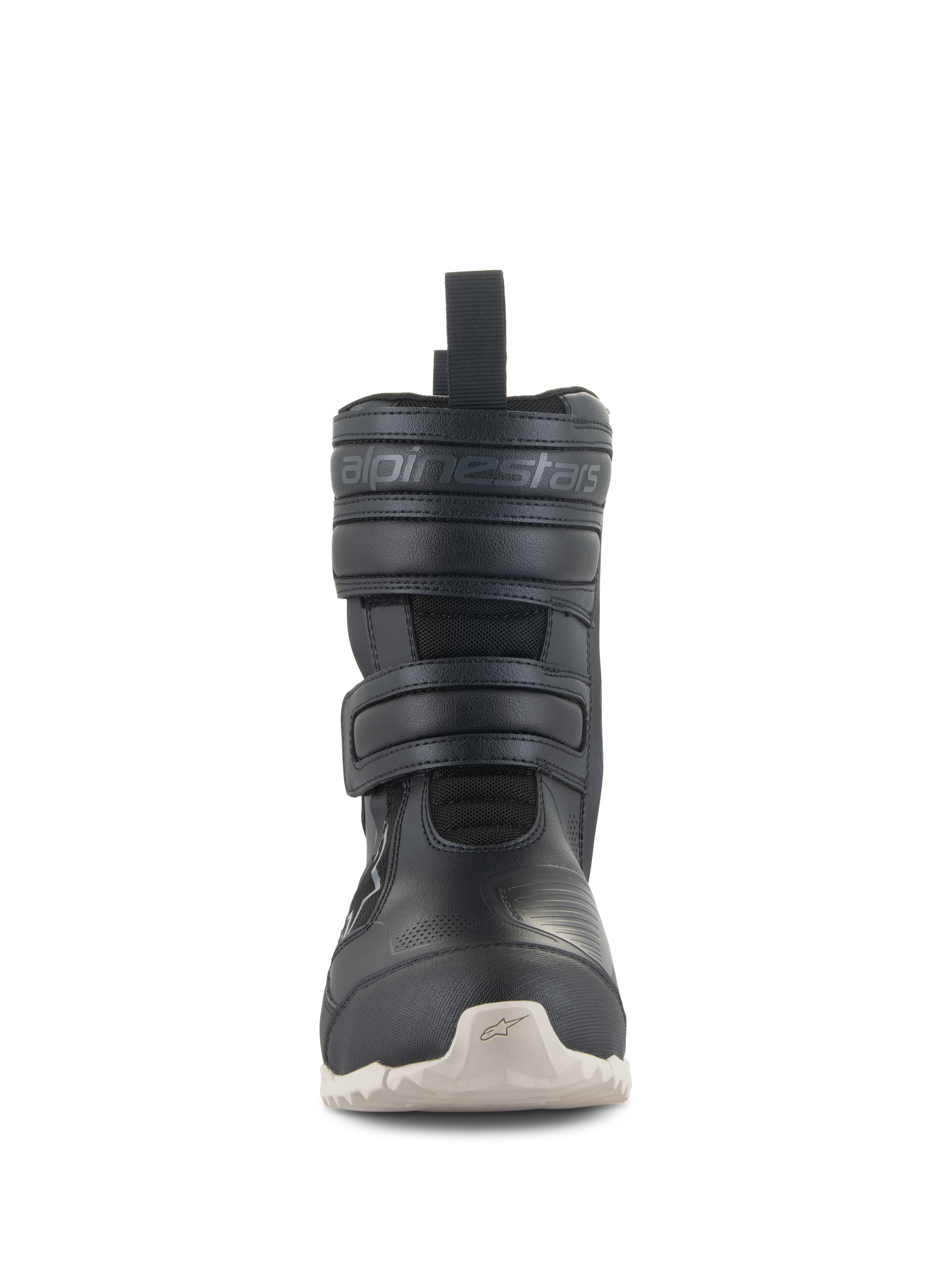 Bottes Alpinestars Stella RT-7 Touring Drystar®, bottes de moto touring pour femme, noires, vue de face avec double fermeture à sangles Velcro, marquage Alpinestars embossé, tige en microfibre technique et semelle extérieure à crampons de couleur claire