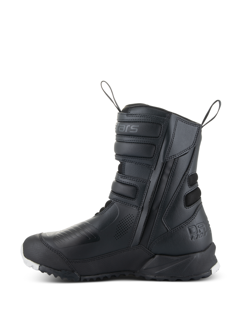 Bottes Stella RT-7 Touring Drystar® Alpinestars pour femme, bottes de moto touring pour femme, noires, vue de profil montrant l'entrée à double fermeture éclair, les sangles de réglage Velcro, les zones de protection renforcées et une semelle robuste pour l'aventure