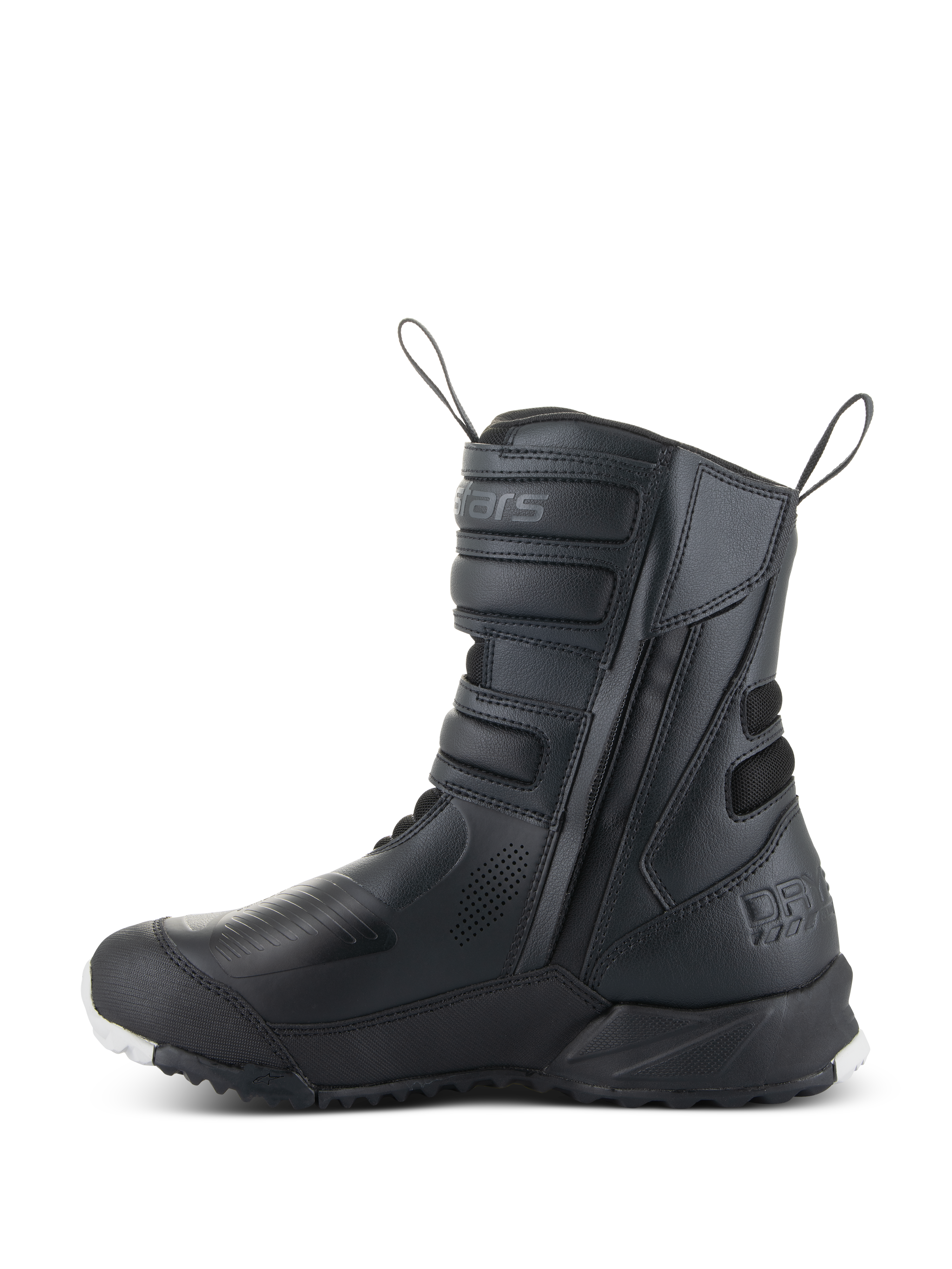 Bottes Stella RT-7 Touring Drystar® Alpinestars pour femme, bottes de moto touring pour femme, noires, vue de profil montrant l'entrée à double fermeture éclair, les sangles de réglage Velcro, les zones de protection renforcées et une semelle robuste pour l'aventure