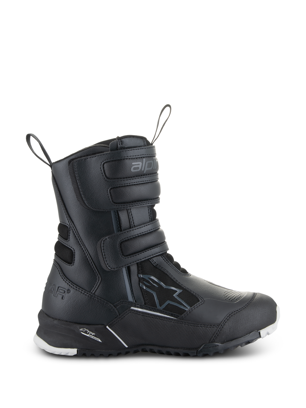 Bottes Stella RT-7 Touring Drystar Alpinestars pour femme, bottes de moto touring noires, vue latérale montrant trois sangles Velcro, tige imperméable en microfibre et textile, talon renforcé avec logo étoile et semelle à crampons robuste avec accents blancs