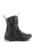 Bottes Stella RT-7 Touring Drystar Alpinestars pour femme, bottes de moto touring noires, vue latérale montrant trois sangles Velcro, tige imperméable en microfibre et textile, talon renforcé avec logo étoile et semelle à crampons robuste avec accents blancs