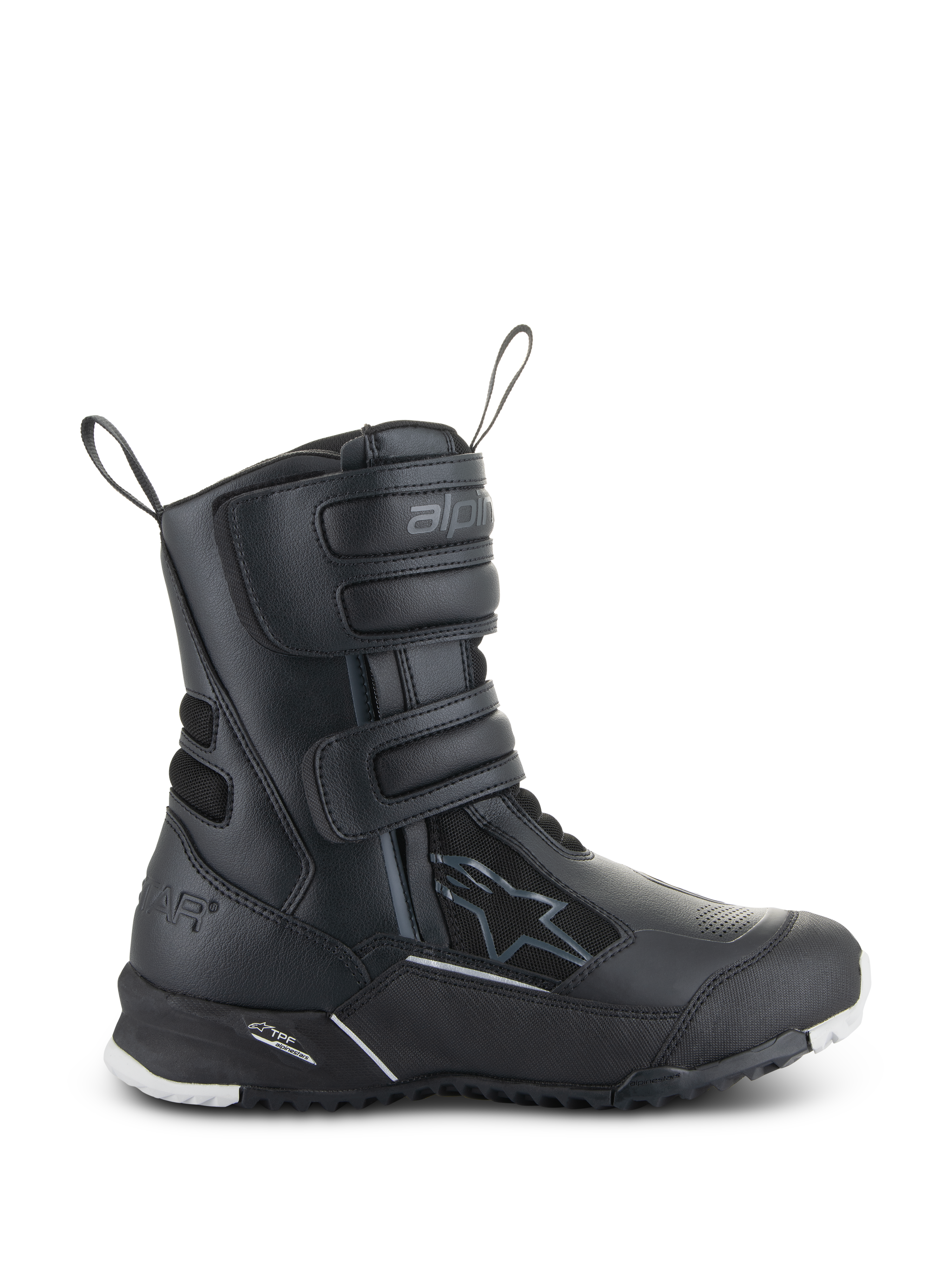 Bottes Stella RT-7 Touring Drystar Alpinestars pour femme, bottes de moto touring noires, vue latérale montrant trois sangles Velcro, tige imperméable en microfibre et textile, talon renforcé avec logo étoile et semelle à crampons robuste avec accents blancs