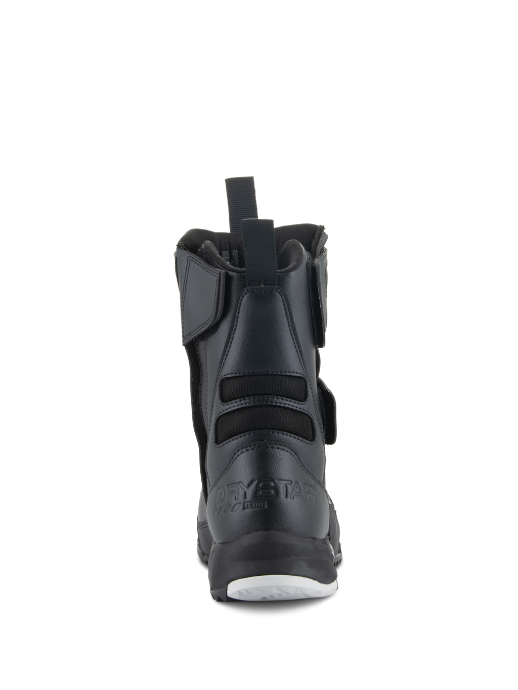 Bottes Stella RT-7 Touring Drystar® Alpinestars pour femme, bottes de moto, noir, vue arrière montrant le logo Drystar embossé sur le talon, la tirette arrière et les soufflets textiles flexibles pour une meilleure liberté de mouvement.