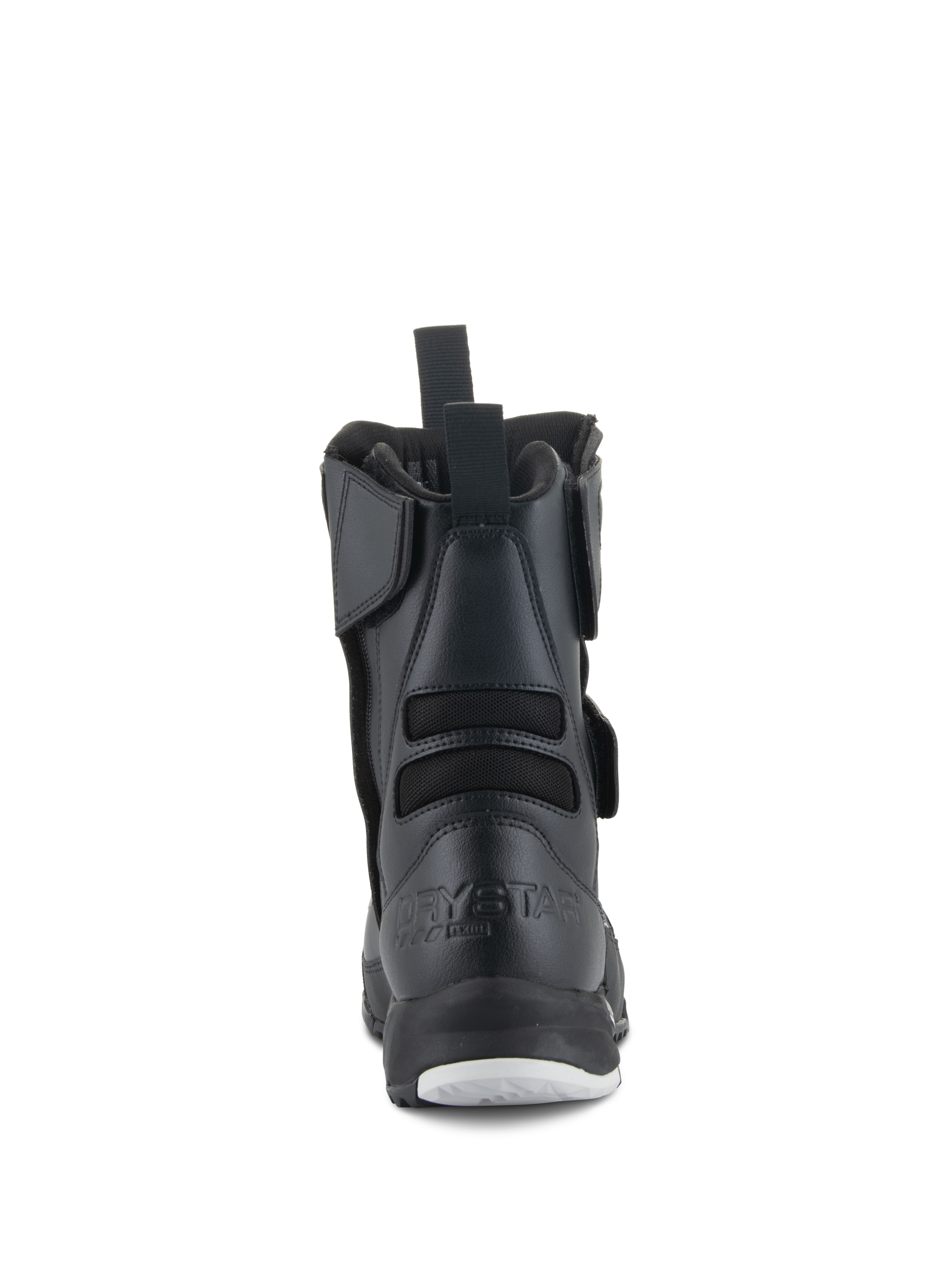 Bottes Stella RT-7 Touring Drystar® Alpinestars pour femme, bottes de moto, noir, vue arrière montrant le logo Drystar embossé sur le talon, la tirette arrière et les soufflets textiles flexibles pour une meilleure liberté de mouvement.
