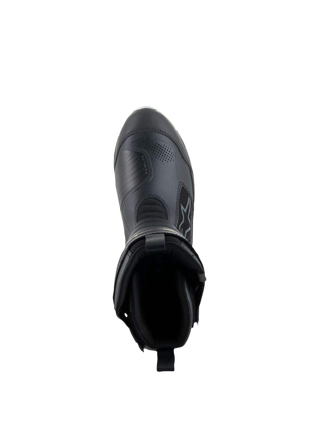 Alpinestars Bottes Stella RT-7 Touring Drystar® pour femme, noir, vue de dessus montrant l'ouverture de la botte et la doublure intérieure, construction avancée en microfibre et textile pour le touring d'aventure