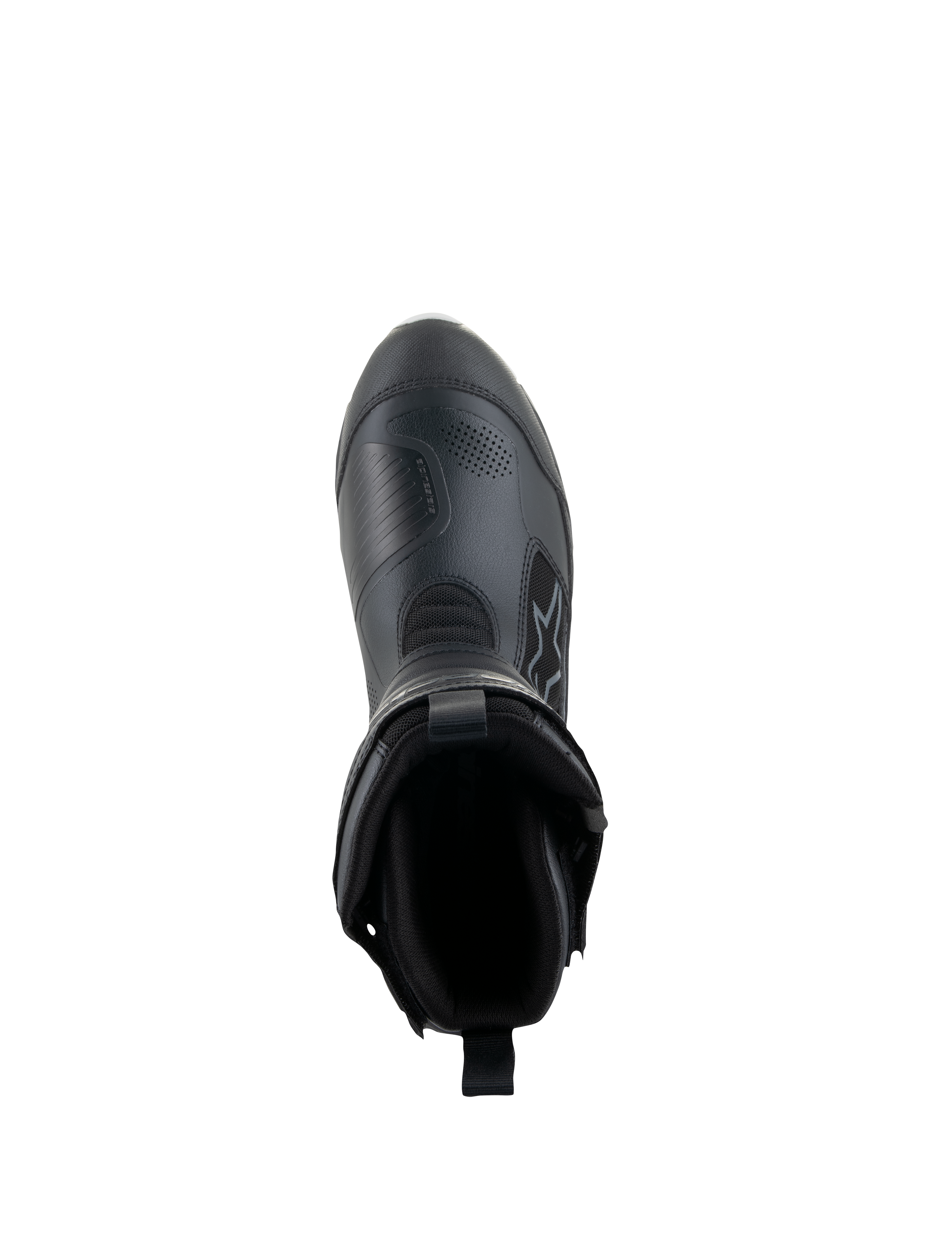 Alpinestars Bottes Stella RT-7 Touring Drystar® pour femme, noir, vue de dessus montrant l'ouverture de la botte et la doublure intérieure, construction avancée en microfibre et textile pour le touring d'aventure