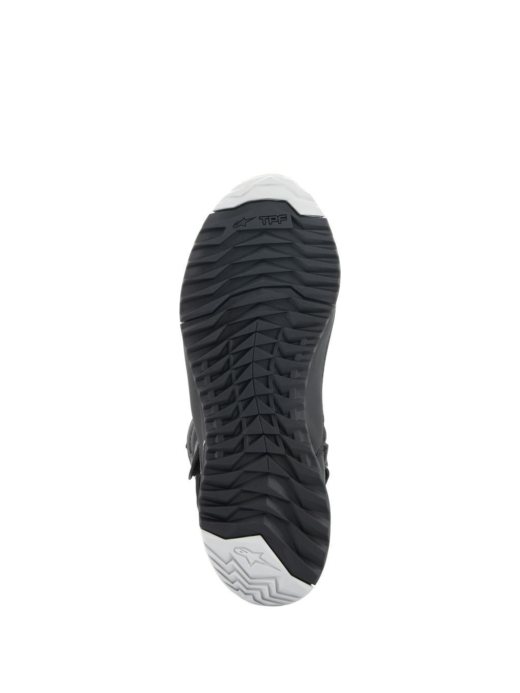 Bottes Alpinestars Stella RT-7 Touring Drystar® pour femme, noir, vue de dessous montrant la semelle extérieure en caoutchouc durable avec un motif de crampons robustes pour l'adhérence, le marquage TPF (Transversal Protection Frame) et des accents gris clair à la pointe et au talon.