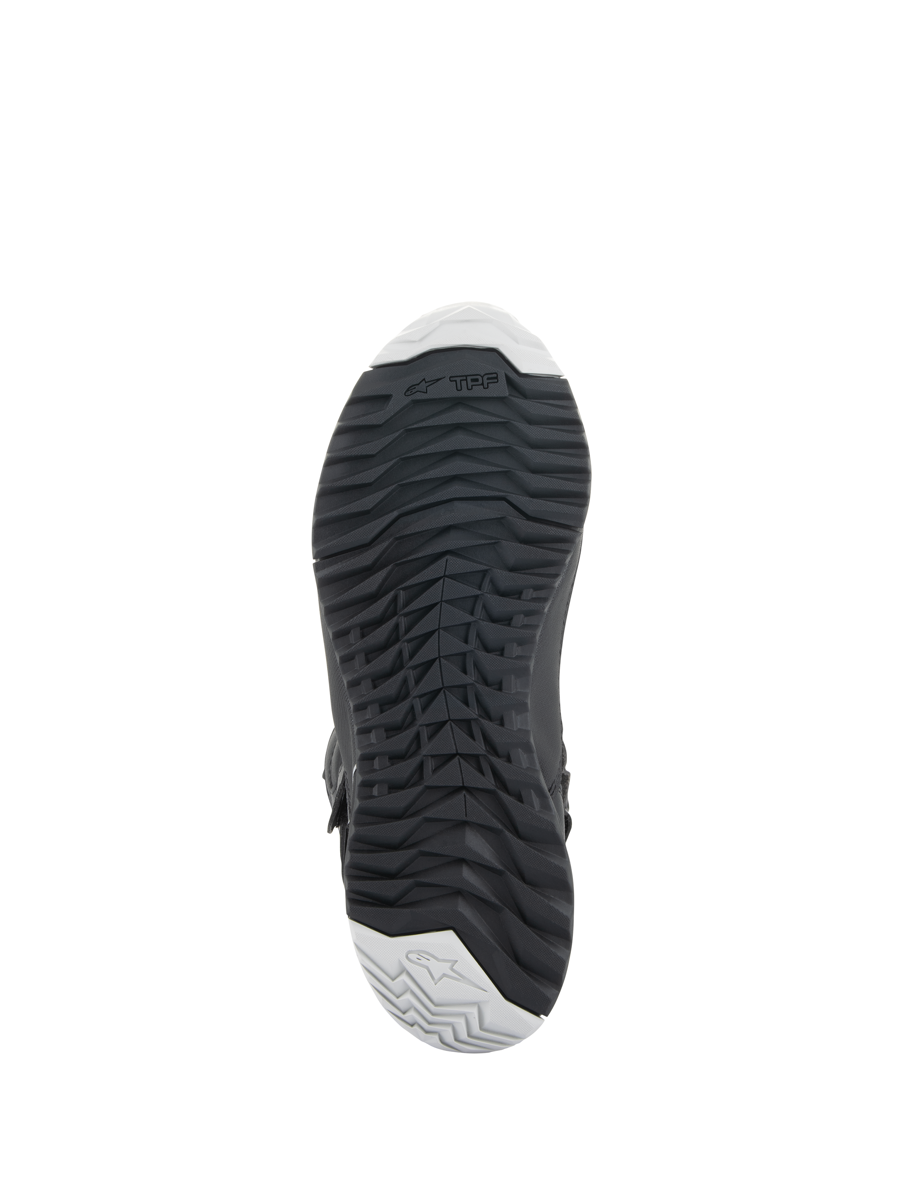 Bottes Alpinestars Stella RT-7 Touring Drystar® pour femme, noir, vue de dessous montrant la semelle extérieure en caoutchouc durable avec un motif de crampons robustes pour l'adhérence, le marquage TPF (Transversal Protection Frame) et des accents gris clair à la pointe et au talon.