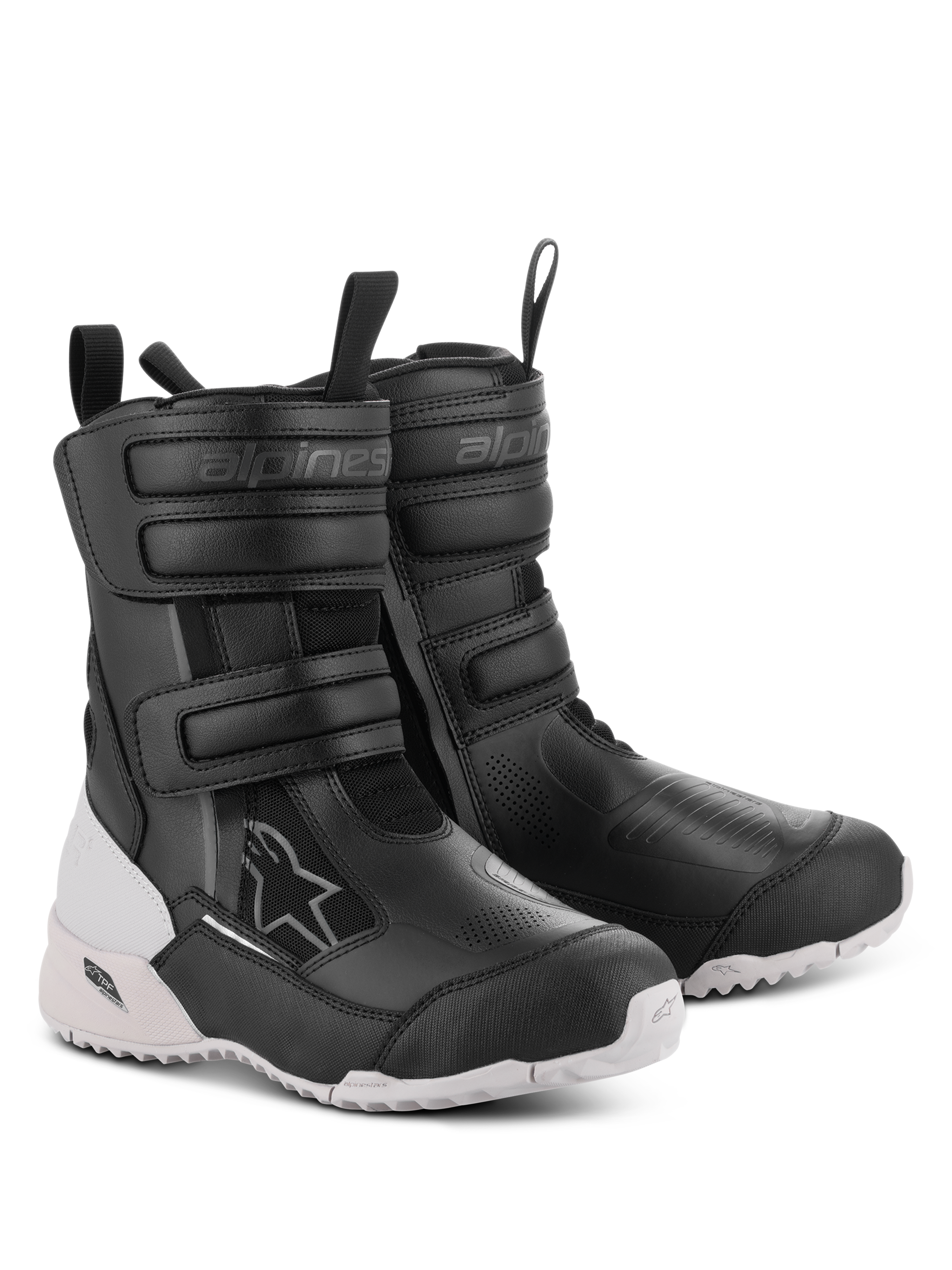 Bottes Alpinestars Stella RT-7 Touring Drystar pour femme, bottes de moto, noir et blanc, avec doubles sangles velcro et entrée à double fermeture éclair, construction durable en microfibre et textile, semelle crantée blanche avec protection TPF, design prêt pour l'aventure