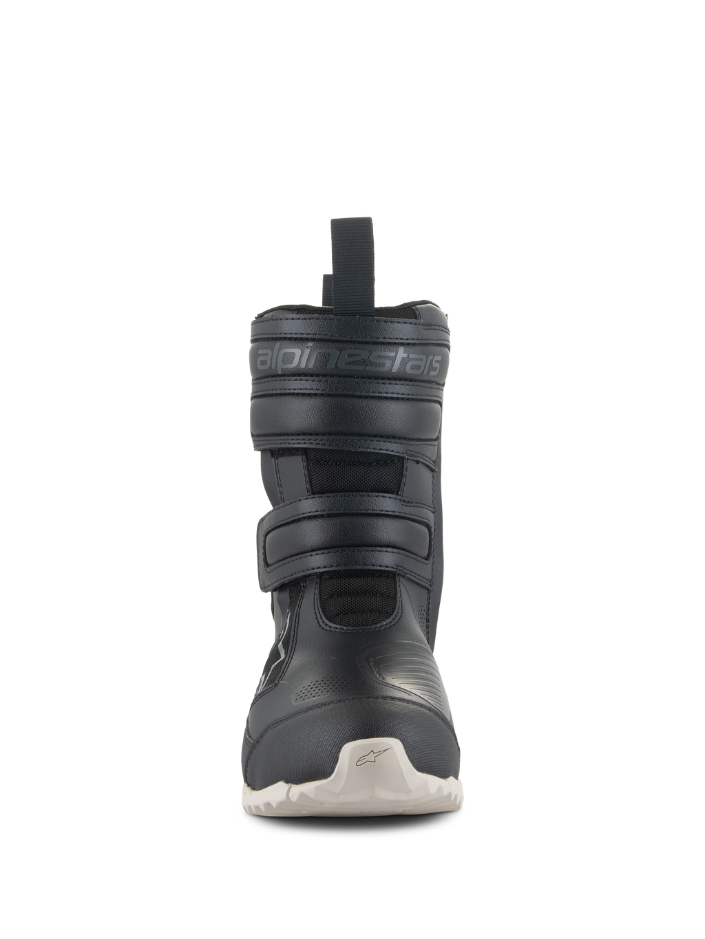 Bottes Alpinestars Stella RT-7 Touring Drystar® pour femme, bottes de moto touring noires avec semelle blanche, vue de face montrant la double fermeture par sangle Velcro et le logo Alpinestars embossé, design technique pour la conduite sur route et l'aventure