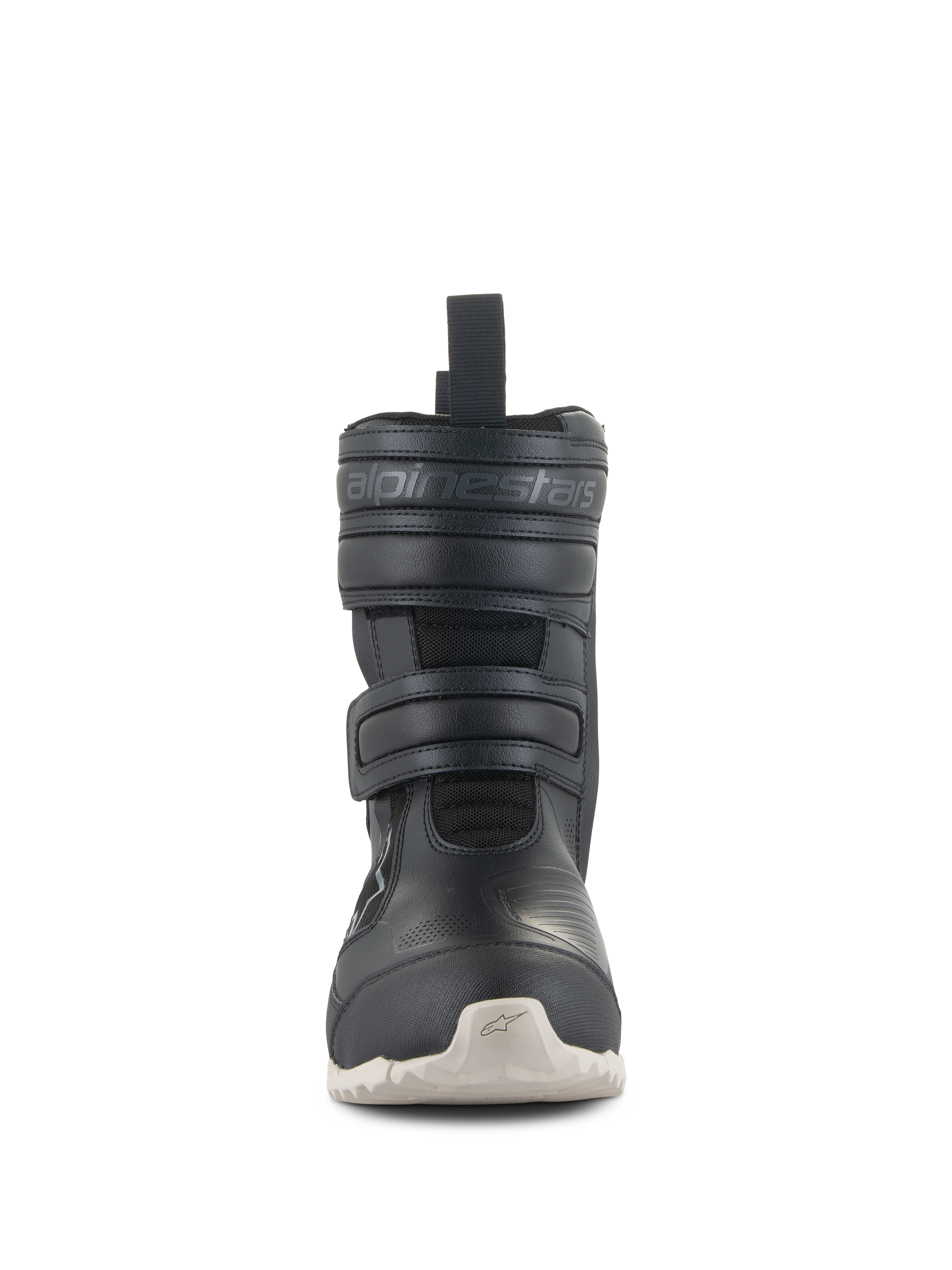 Bottes Alpinestars Stella RT-7 Touring Drystar® pour femme, bottes de moto touring noires avec semelle blanche, vue de face montrant la double fermeture par sangle Velcro et le logo Alpinestars embossé, design technique pour la conduite sur route et l'aventure