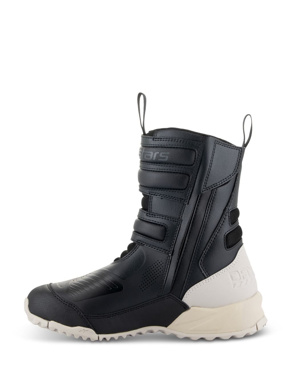 Bottes Alpinestars Stella RT-7 Touring Drystar® pour femme, noir et blanc, profil latéral d'une botte de moto de touring haute avec construction en microfibre, fermeture éclair latérale avec sangles réglables, talon et semelle blanc cassé contrastants.