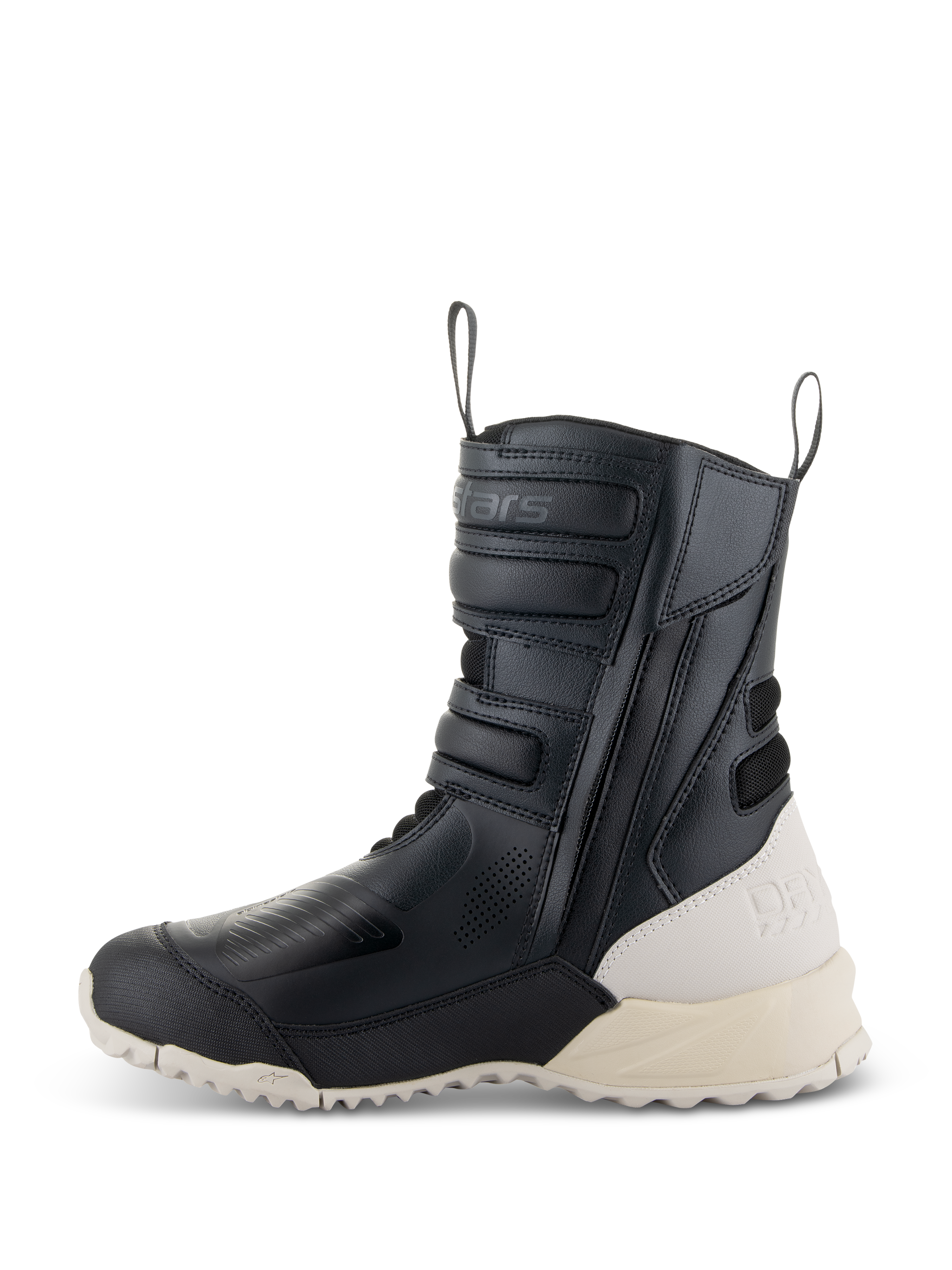 Bottes Alpinestars Stella RT-7 Touring Drystar® pour femme, noir et blanc, profil latéral d'une botte de moto de touring haute avec construction en microfibre, fermeture éclair latérale avec sangles réglables, talon et semelle blanc cassé contrastants.