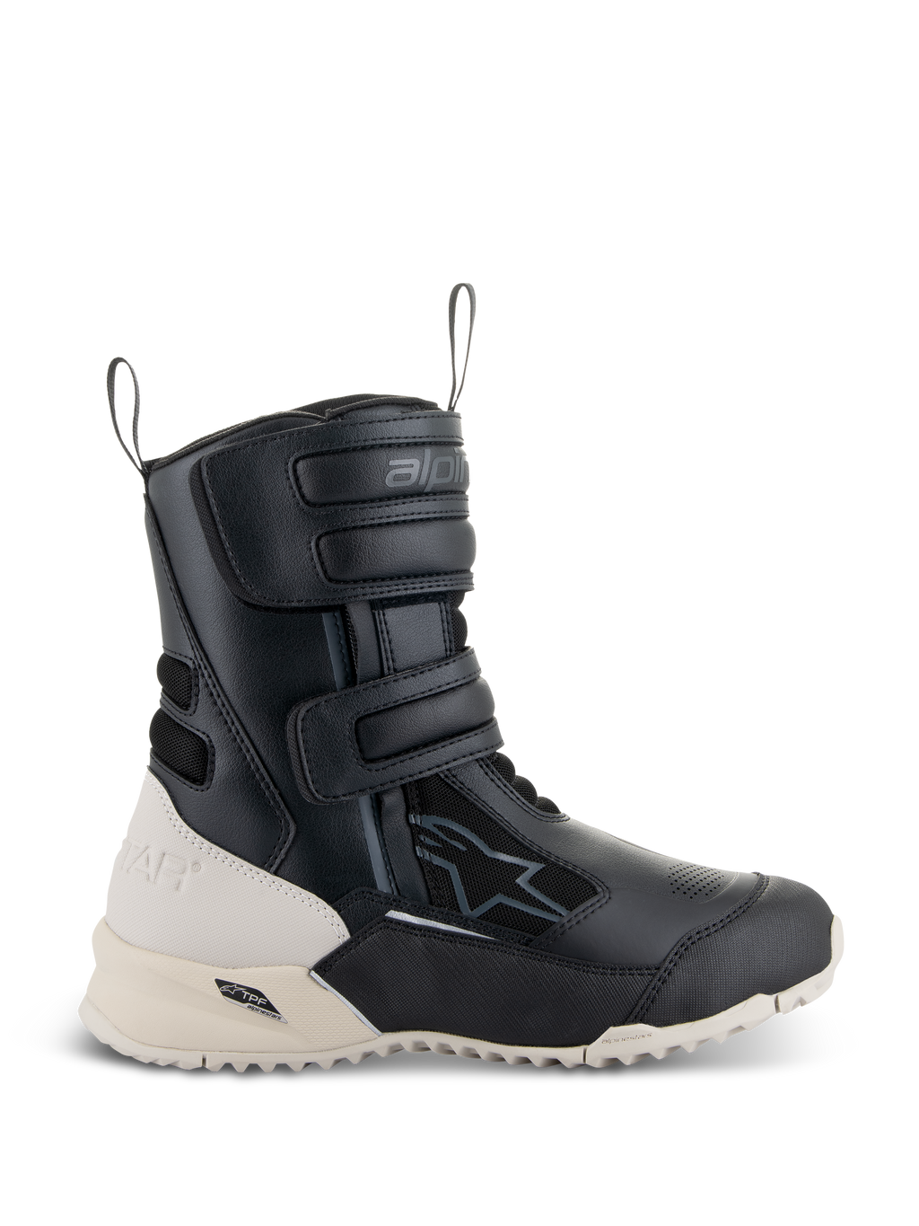 Alpinestars Stella RT-7 Touring Drystar pour femme, bottes de moto touring, noir et blanc, dotées de trois sangles Velcro réglables, de boucles de tirage avant et arrière, et d'une semelle extérieure crantée robuste avec cadre de support TPF