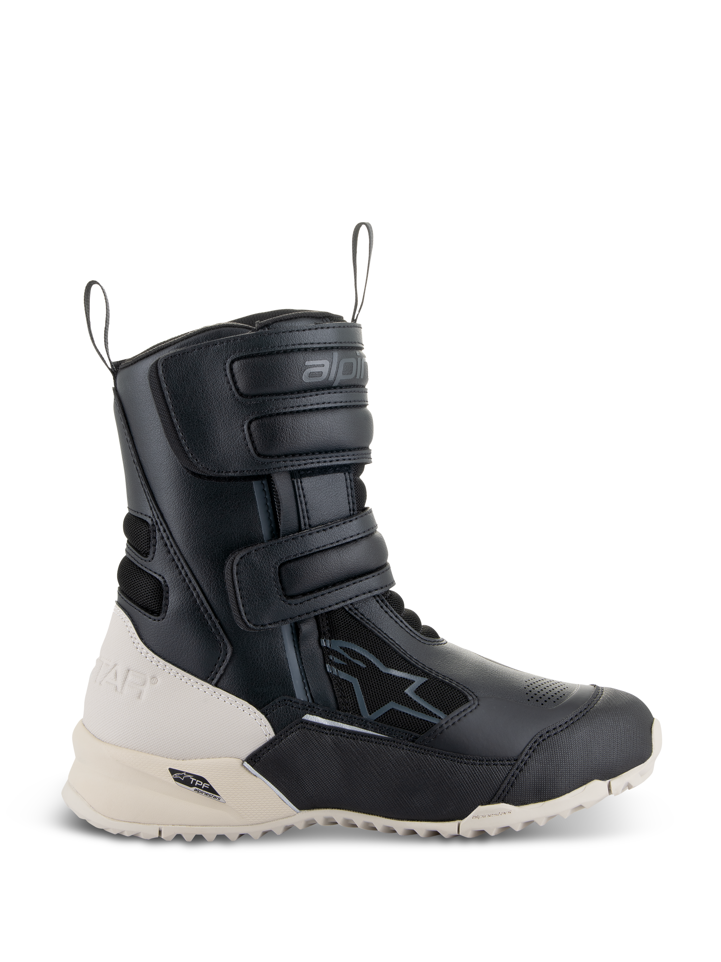 Alpinestars Stella RT-7 Touring Drystar pour femme, bottes de moto touring, noir et blanc, dotées de trois sangles Velcro réglables, de boucles de tirage avant et arrière, et d'une semelle extérieure crantée robuste avec cadre de support TPF