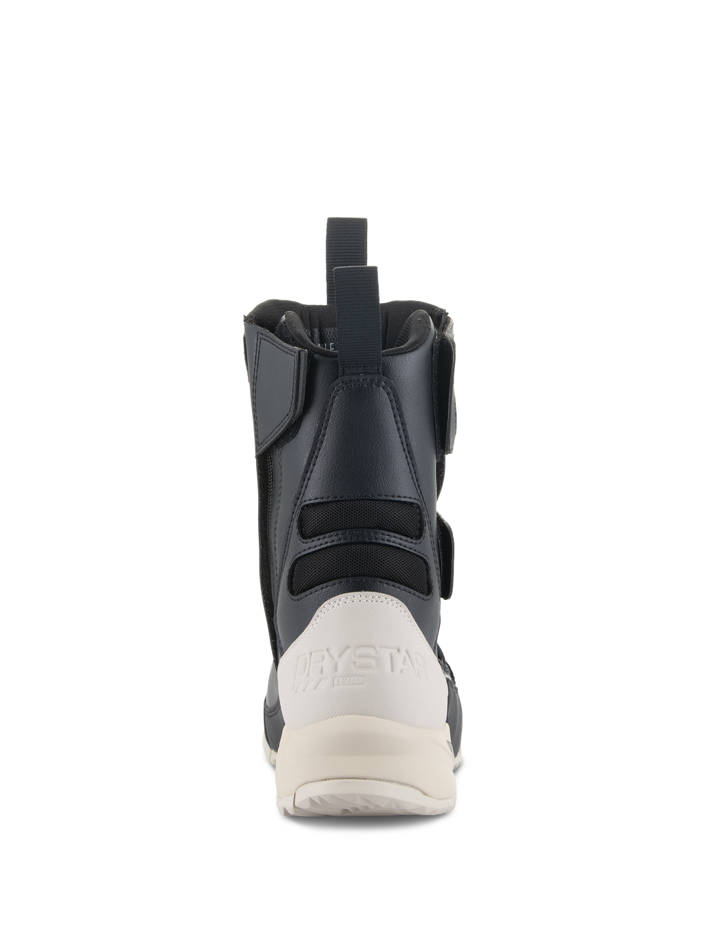 Bottes Alpinestars Stella RT-7 Touring Drystar® pour femme, vue arrière, noir et blanc, dotées d'un contrefort de talon blanc renforcé avec logo Drystar, d'une tirette arrière et de panneaux en accordéon en textile pour la flexibilité.