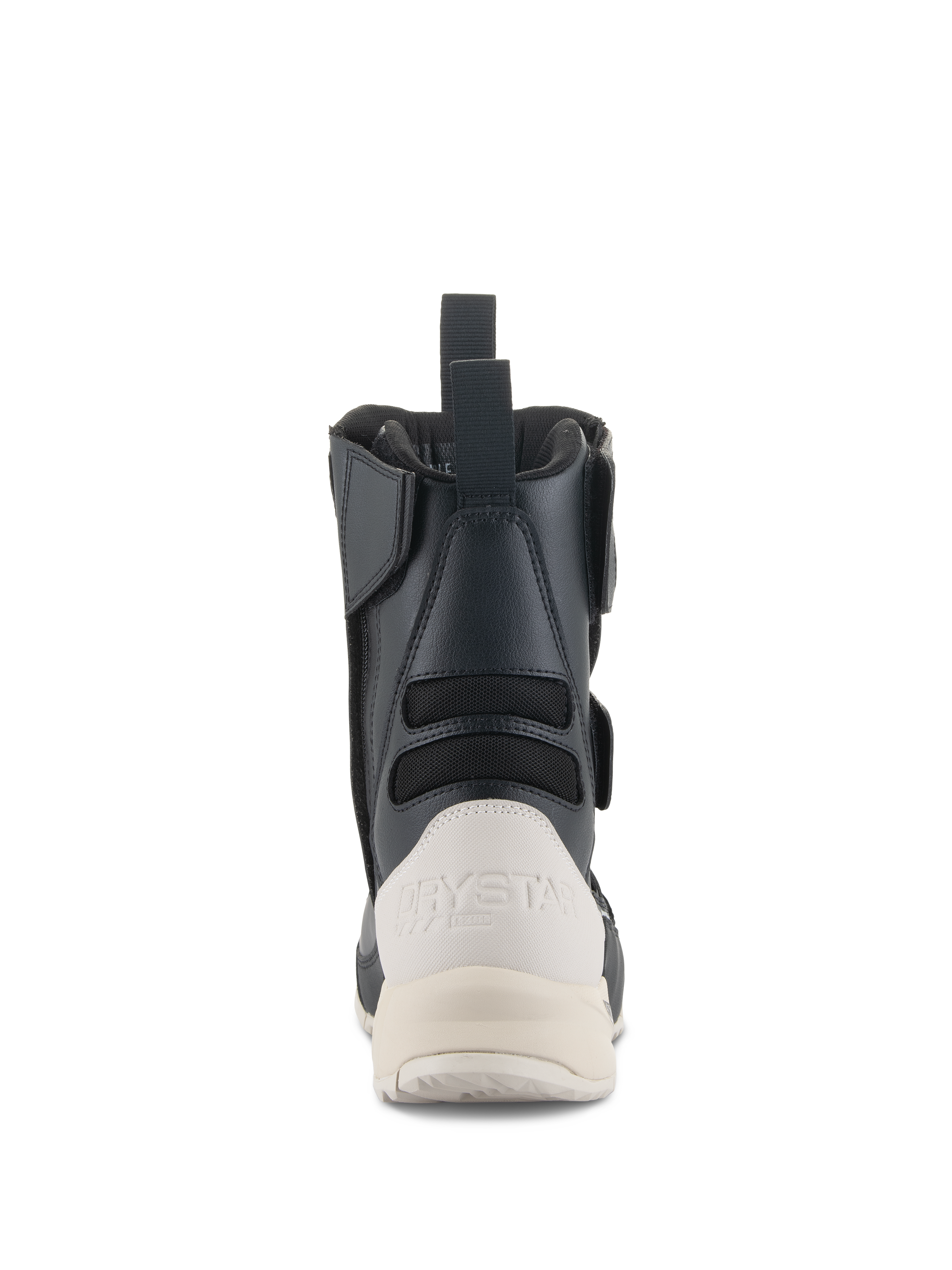 Bottes Alpinestars Stella RT-7 Touring Drystar® pour femme, vue arrière, noir et blanc, dotées d'un contrefort de talon blanc renforcé avec logo Drystar, d'une tirette arrière et de panneaux en accordéon en textile pour la flexibilité.