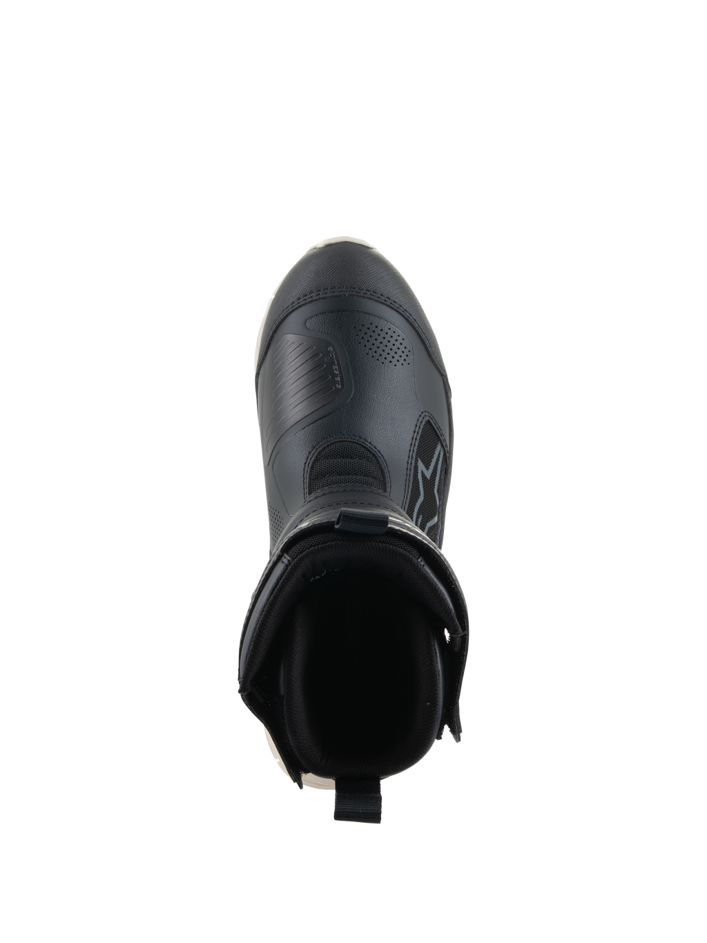 Bottes Alpinestars Stella RT-7 Touring Drystar®, bottes de moto touring pour femme, noir et blanc, vue de dessus montrant l'ouverture de la botte, avec col rembourré, tirette arrière et tige en microfibre durable avec logo Alpinestars.