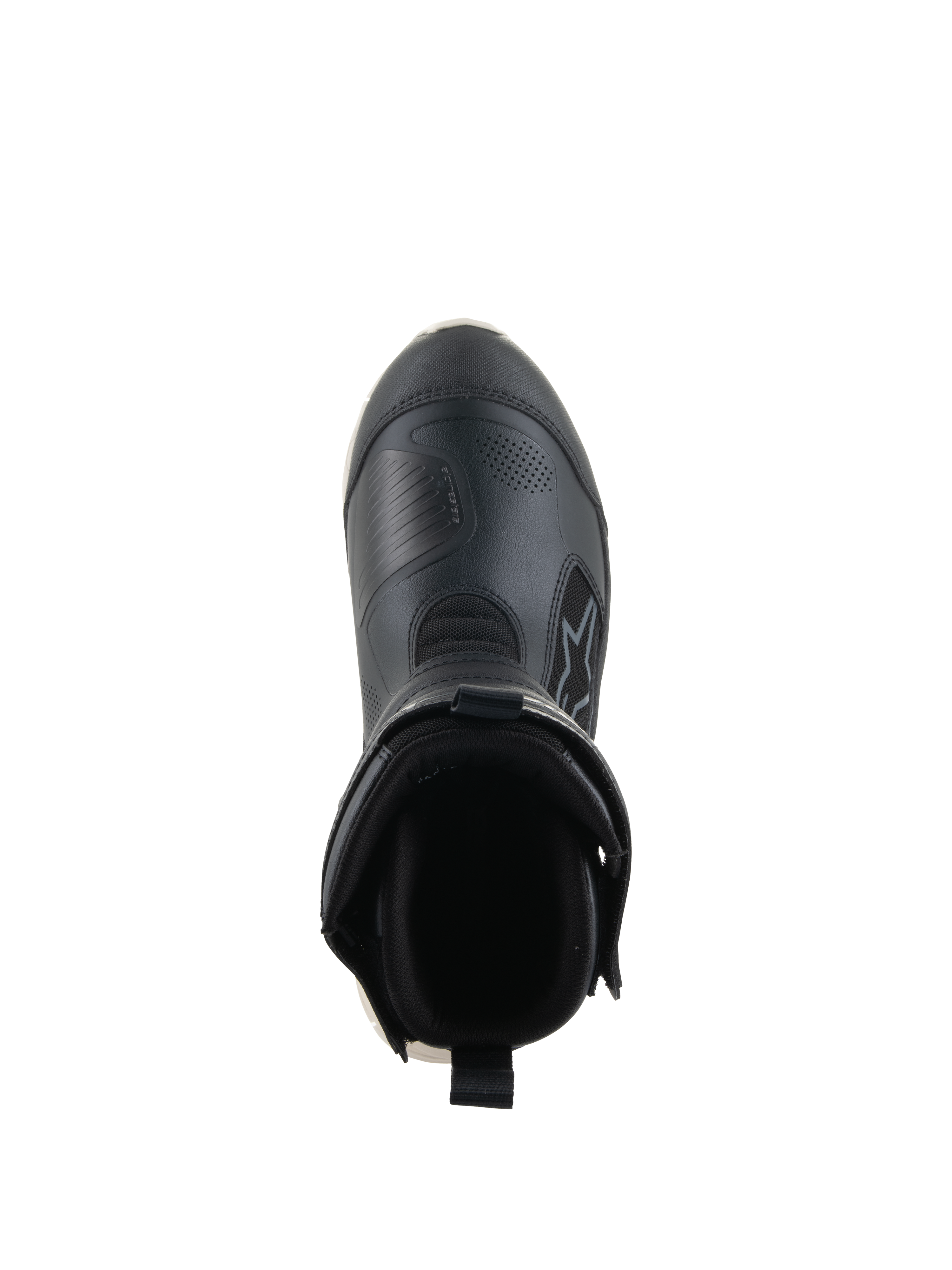 Bottes Alpinestars Stella RT-7 Touring Drystar®, bottes de moto touring pour femme, noir et blanc, vue de dessus montrant l'ouverture de la botte, avec col rembourré, tirette arrière et tige en microfibre durable avec logo Alpinestars.
