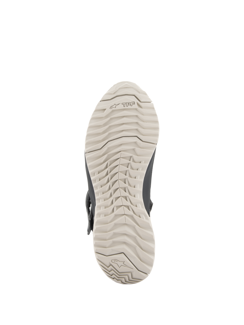 Bottes Stella RT-7 Touring Drystar® Alpinestars pour femme, vue de la semelle extérieure, semelle en caoutchouc gris clair avec motif à crampons durable et logo TPF, conçue pour la traction et le support du cadre de protection transversale (TPF)
