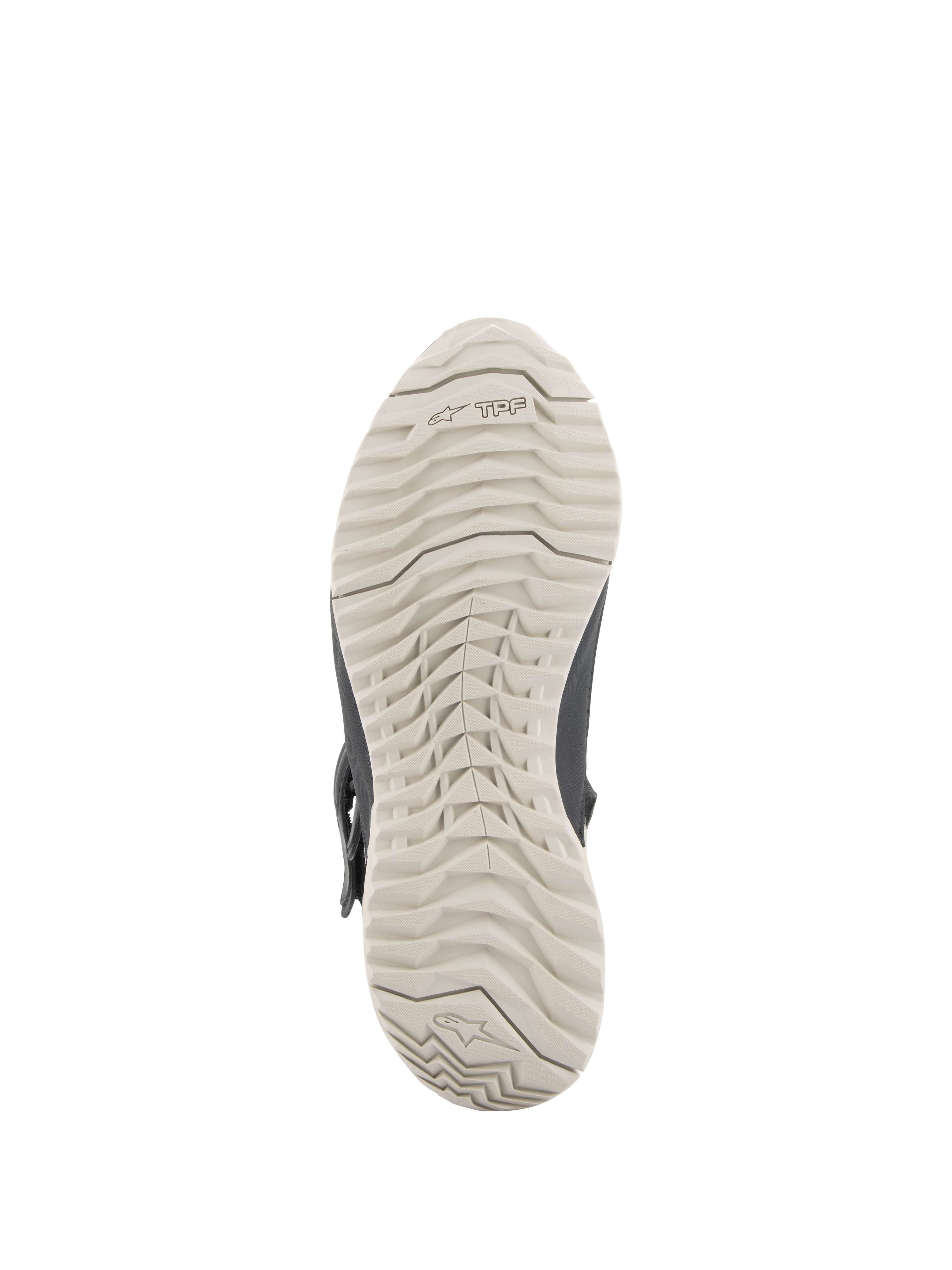 Bottes Stella RT-7 Touring Drystar® Alpinestars pour femme, vue de la semelle extérieure, semelle en caoutchouc gris clair avec motif à crampons durable et logo TPF, conçue pour la traction et le support du cadre de protection transversale (TPF)