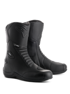 Bottes Alpinestars Andes V2 Drystar, bottes de moto touring noires, construction en cuir imperméable avec panneaux flexibles en accordéon à l'avant et à l'arrière, fermeture éclair latérale avec rabat, logo Alpinestars embossé et marquage Drystar, chaussures durables pour la route et l'aventure.