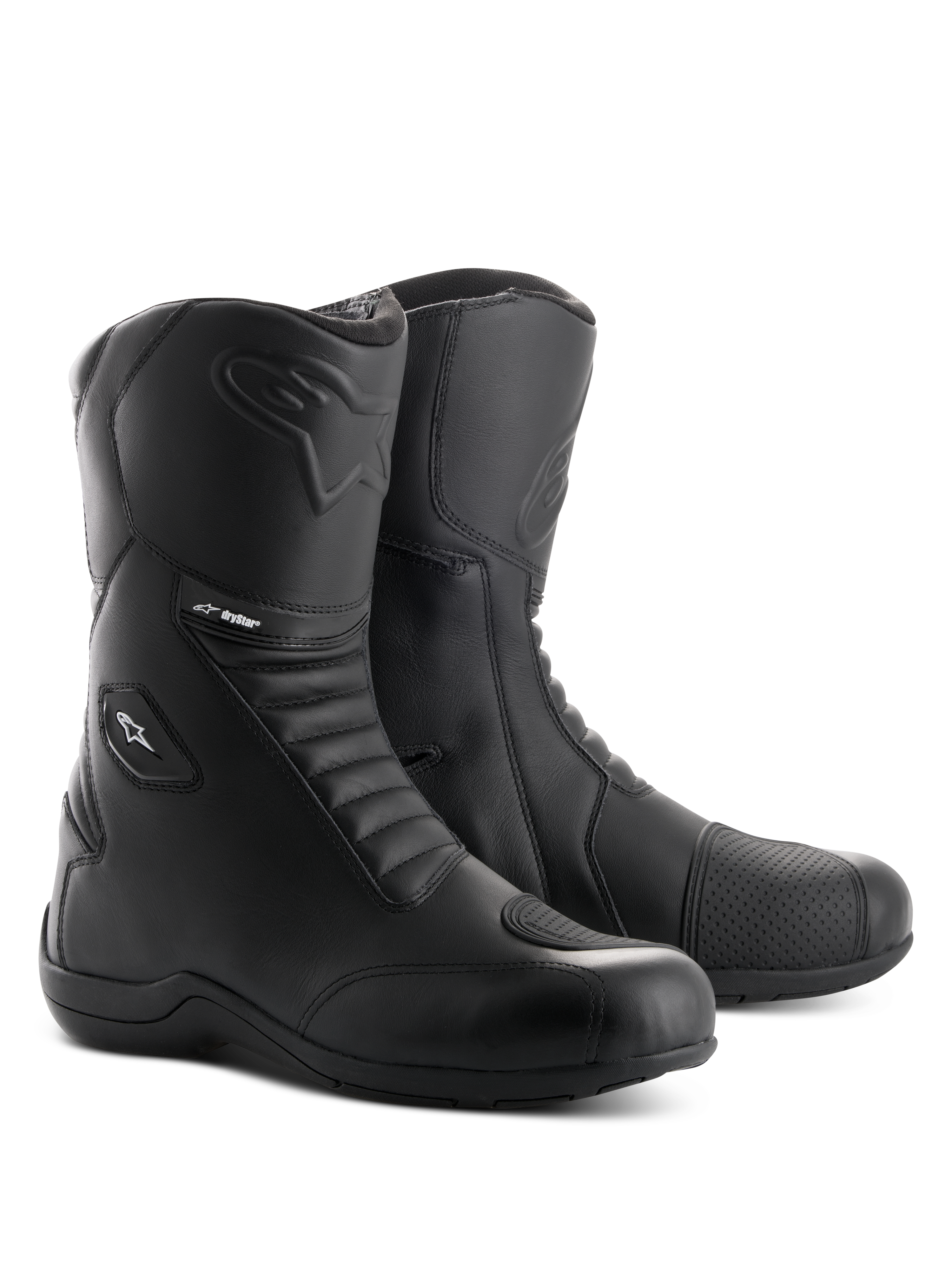 Bottes Alpinestars Andes V2 Drystar, bottes de moto touring noires, construction en cuir imperméable avec panneaux flexibles en accordéon à l'avant et à l'arrière, fermeture éclair latérale avec rabat, logo Alpinestars embossé et marquage Drystar, chaussures durables pour la route et l'aventure.