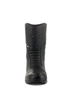 Bottes Alpinestars Andes V2 Drystar®, bottes de moto touring noires, vue de face montrant le logo Alpinestars embossé sur le tibia, zones de flexion en accordéon pour le mouvement, construction en cuir avec un renfort de sélecteur texturé