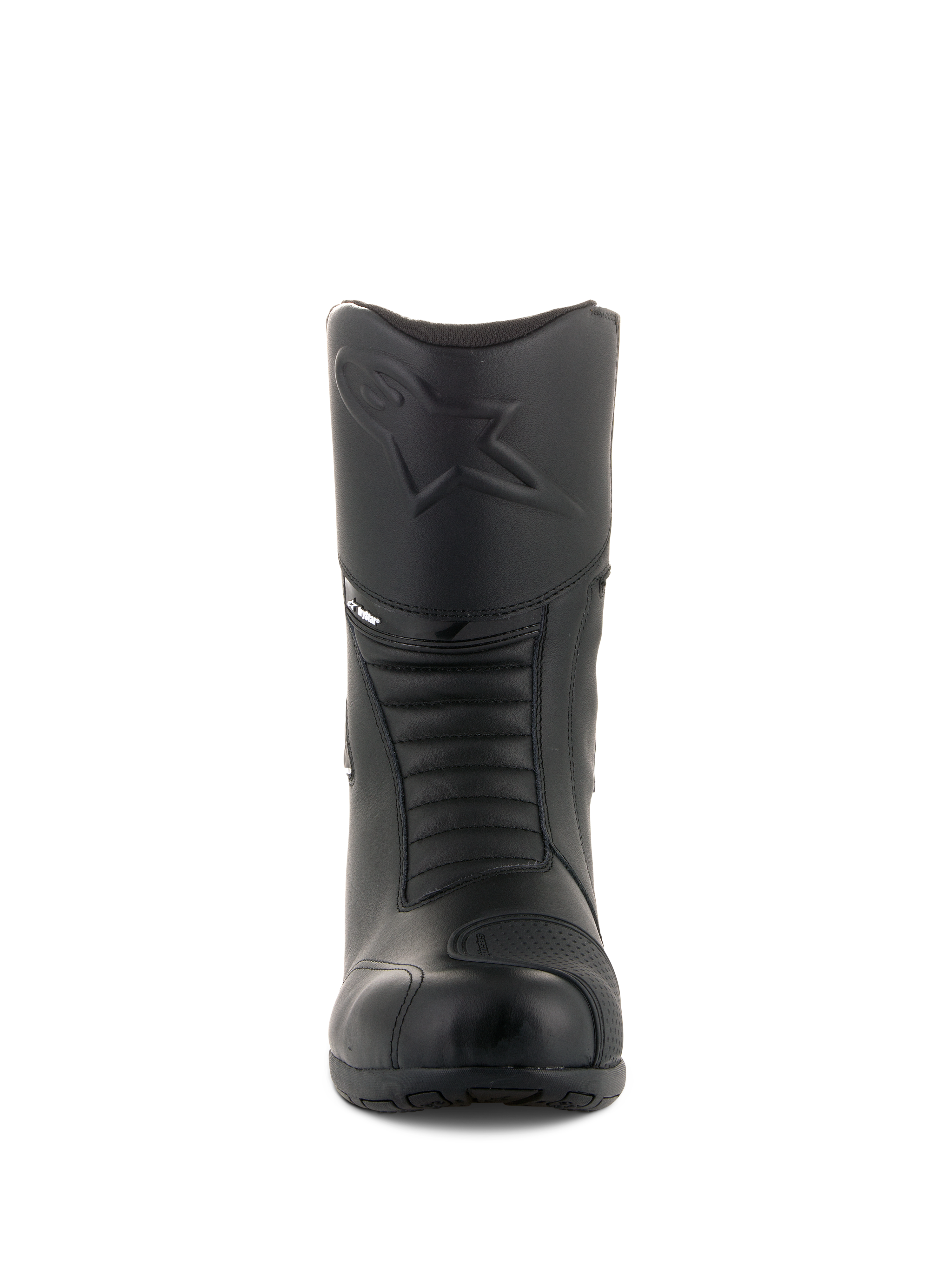 Bottes Alpinestars Andes V2 Drystar®, bottes de moto touring noires, vue de face montrant le logo Alpinestars embossé sur le tibia, zones de flexion en accordéon pour le mouvement, construction en cuir avec un renfort de sélecteur texturé