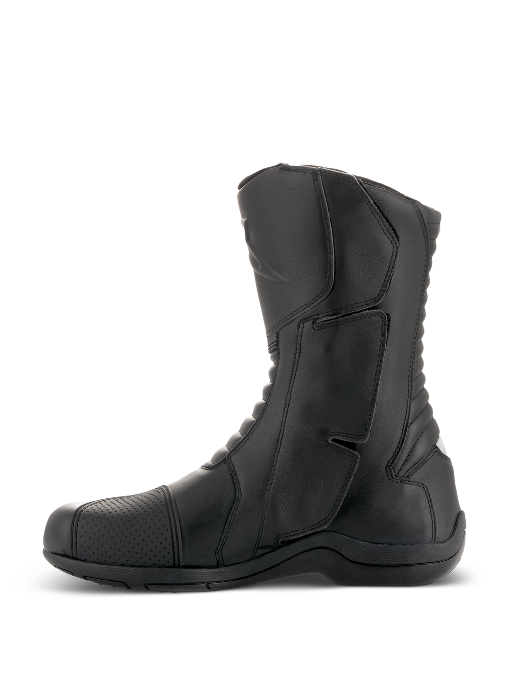 Bottes Alpinestars Andes V2 Drystar®, bottes de moto touring noires, vue de profil, construction en cuir imperméable avec protège-tibia renforcé et panneaux de flexion en accordéon, chaussures de pilotage d'aventure