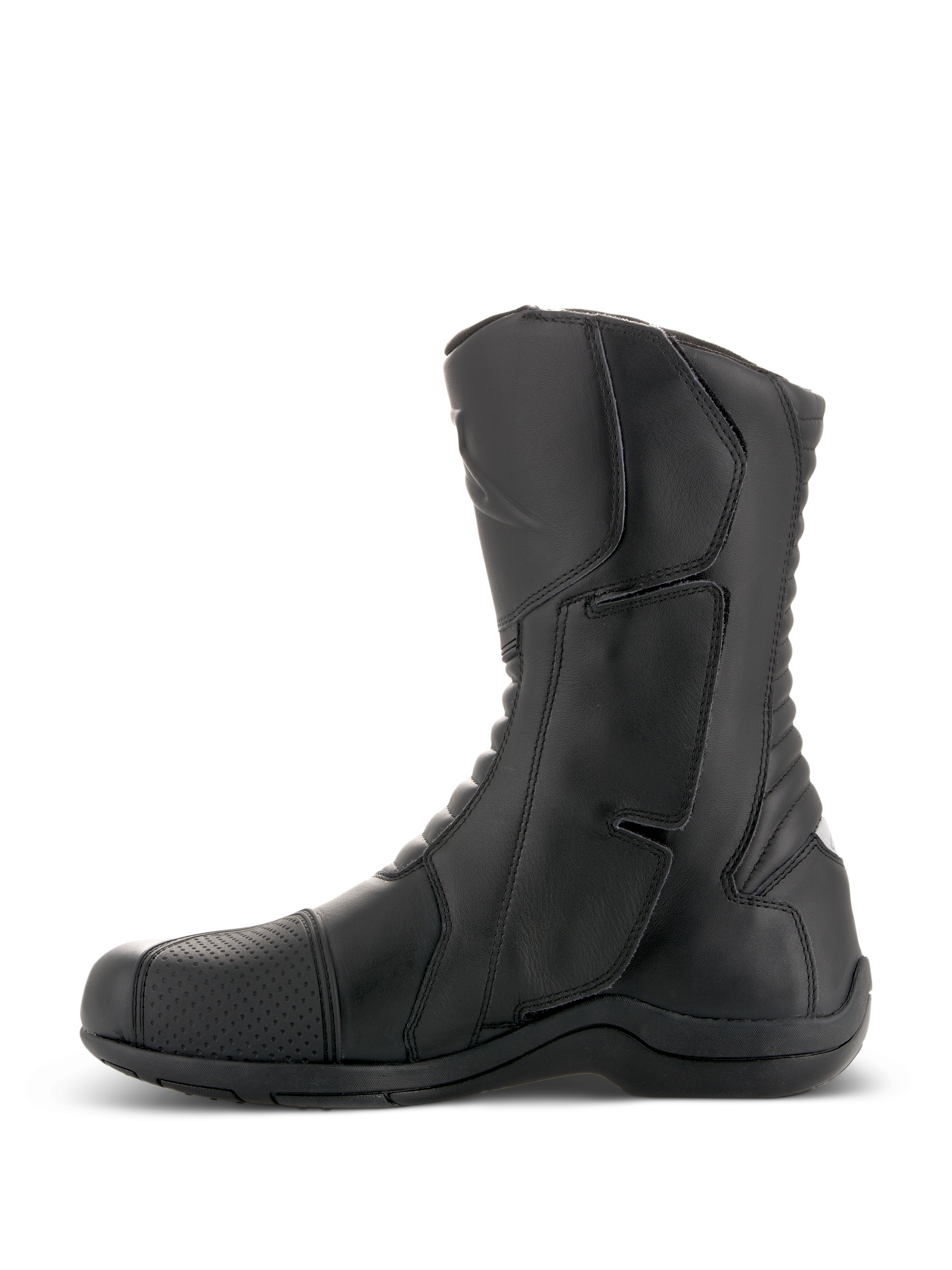 Bottes Alpinestars Andes V2 Drystar®, bottes de moto touring noires, vue de profil, construction en cuir imperméable avec protège-tibia renforcé et panneaux de flexion en accordéon, chaussures de pilotage d'aventure