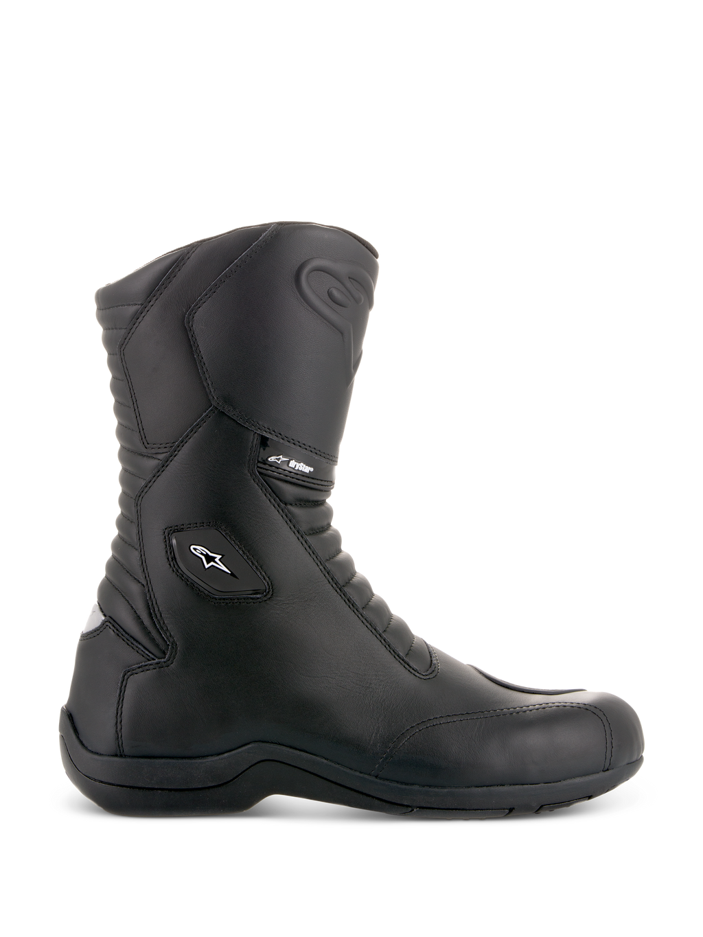 Bottes Alpinestars Andes V2 Drystar, bottes de moto touring noires, design à tige haute, construction en cuir imperméable, panneaux flexibles en accordéon à l'avant et à l'arrière, logo étoile blanc et marquage Drystar, semelle noire robuste, protection renforcée à la cheville et aux orteils