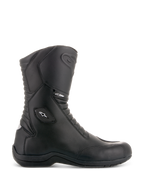 Bottes Alpinestars Andes V2 Drystar, bottes de moto touring noires, design à tige haute, construction en cuir imperméable, panneaux flexibles en accordéon à l'avant et à l'arrière, logo étoile blanc et marquage Drystar, semelle noire robuste, protection renforcée à la cheville et aux orteils