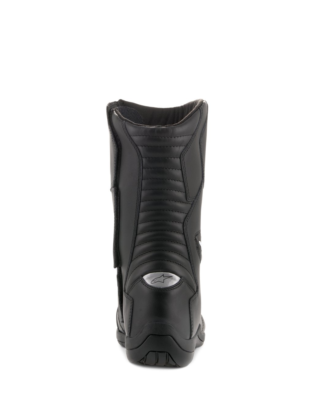 Bottes Alpinestars Andes V2 Drystar, bottes de touring imperméables, noir, vue arrière mettant en évidence les panneaux flexibles en cuir en accordéon et le logo A-star réfléchissant argenté sur le talon, chaussures de moto durables pour l'aventure