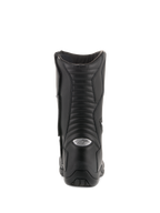 Bottes Alpinestars Andes V2 Drystar, bottes de touring imperméables, noir, vue arrière mettant en évidence les panneaux flexibles en cuir en accordéon et le logo A-star réfléchissant argenté sur le talon, chaussures de moto durables pour l'aventure