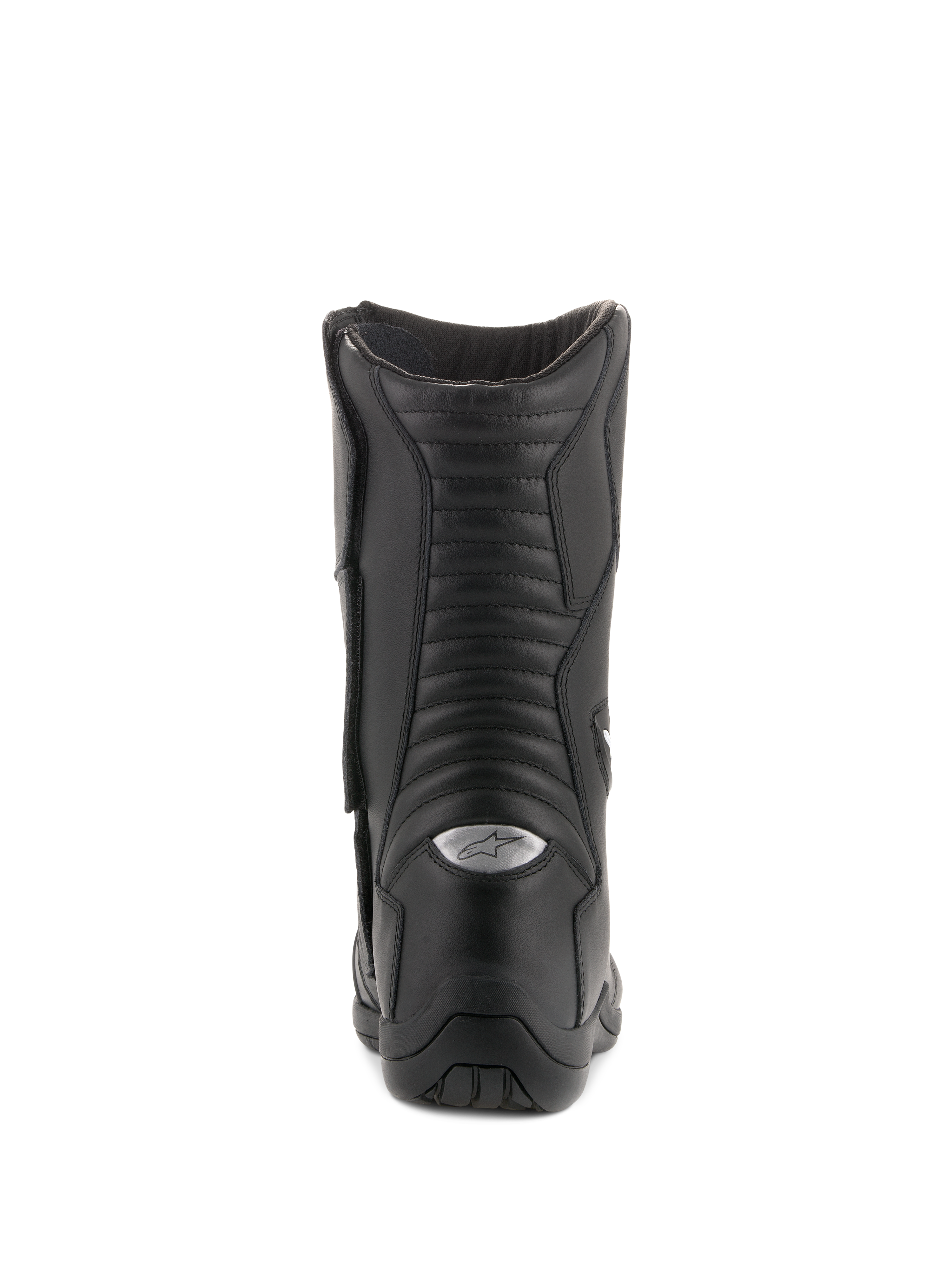 Bottes Alpinestars Andes V2 Drystar, bottes de touring imperméables, noir, vue arrière mettant en évidence les panneaux flexibles en cuir en accordéon et le logo A-star réfléchissant argenté sur le talon, chaussures de moto durables pour l'aventure