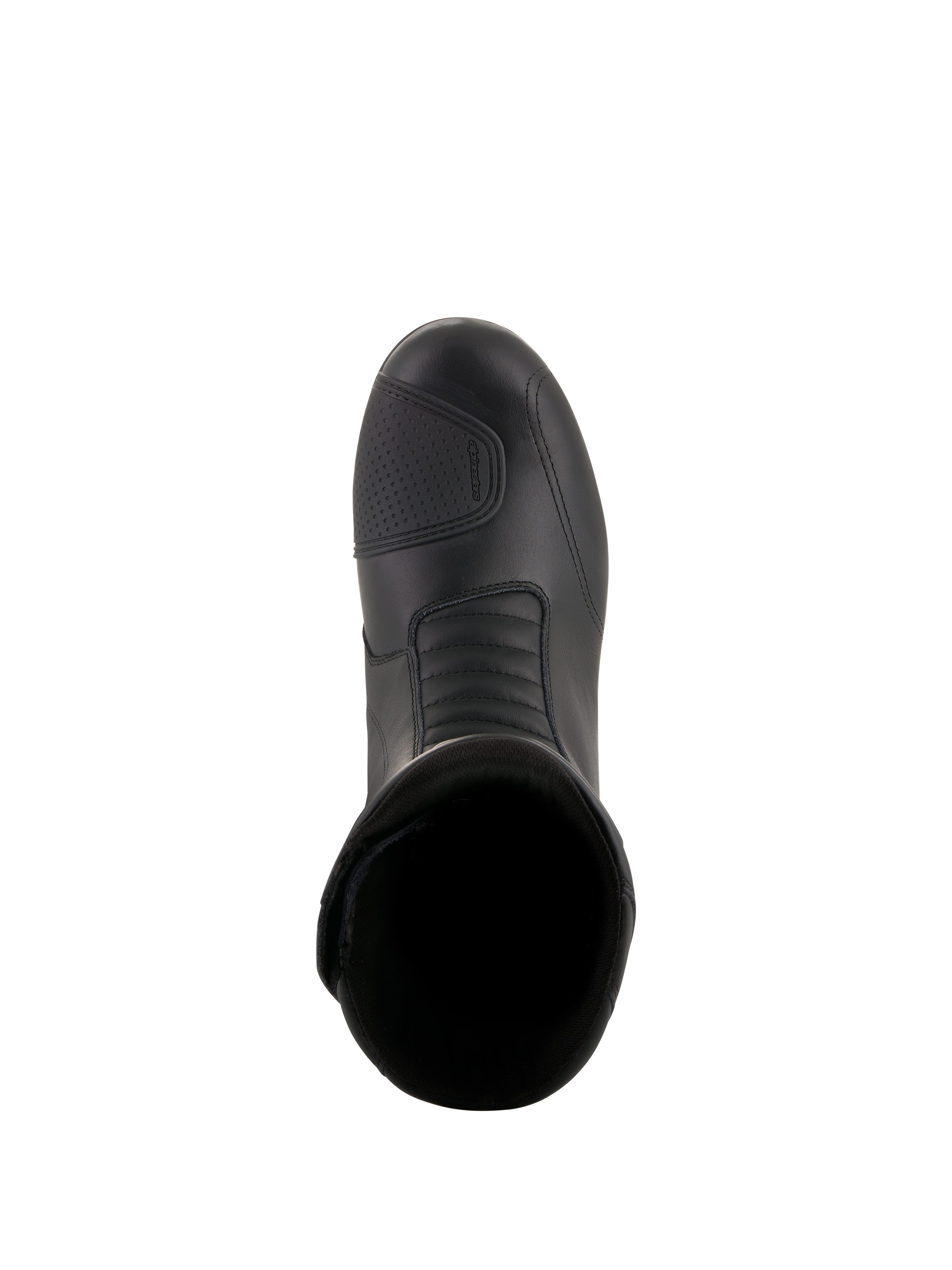 Bottes Alpinestars Andes V2 Drystar®, bottes de moto touring noires, vue de dessus présentant la tige en cuir, le renfort de sélecteur texturé et la zone de flexion en accordéon à l'avant pour une conduite d'aventure imperméable.
