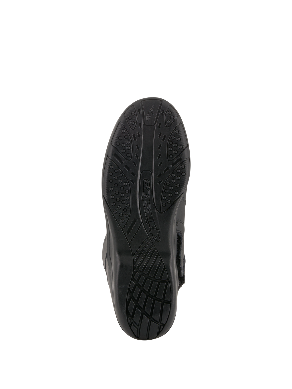 Bottes Alpinestars Andes V2 Drystar®, noir, vue de la semelle en caoutchouc vulcanisé, motif d'adhérence texturé pour la dispersion de l'eau et la durabilité, chaussures de moto de tourisme