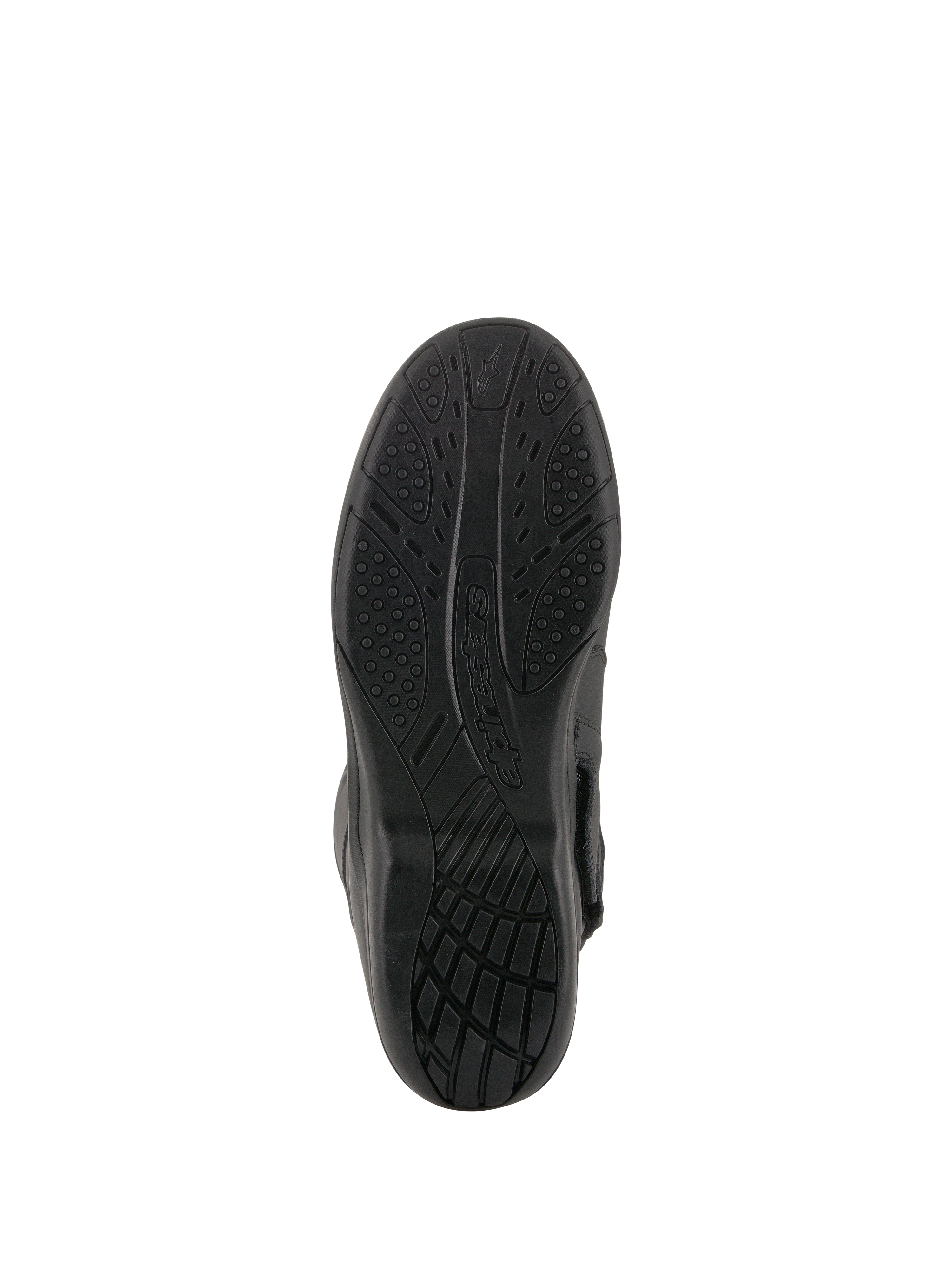 Bottes Alpinestars Andes V2 Drystar®, noir, vue de la semelle en caoutchouc vulcanisé, motif d'adhérence texturé pour la dispersion de l'eau et la durabilité, chaussures de moto de tourisme