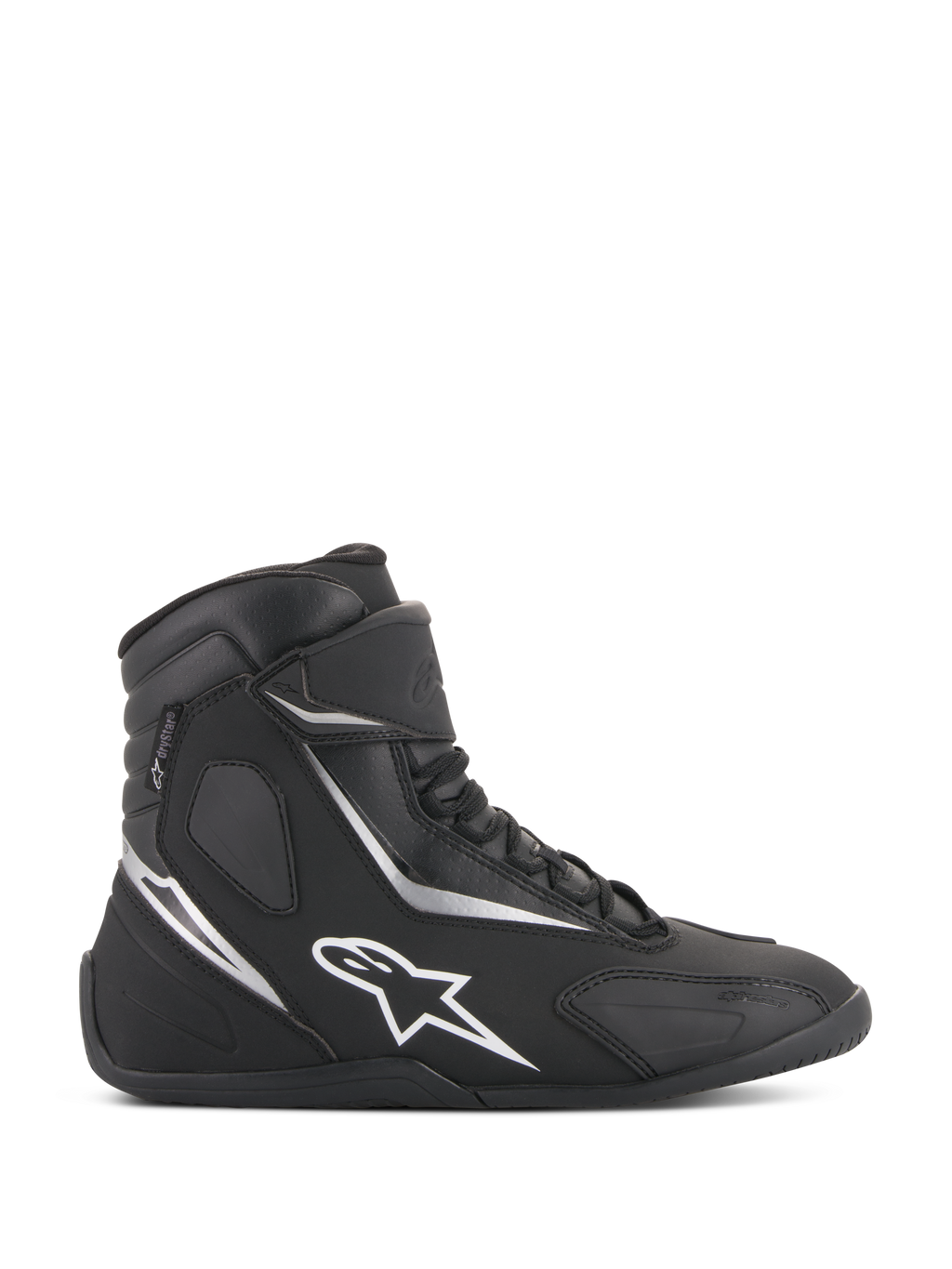 Alpinestars Fastback 2 Drystar, chaussures de moto montantes imperméables, baskets noires et blanches avec logo étoile blanc et accents argentés, fermeture à lacets et sangle velcro, chaussures de conduite urbaine imperméables