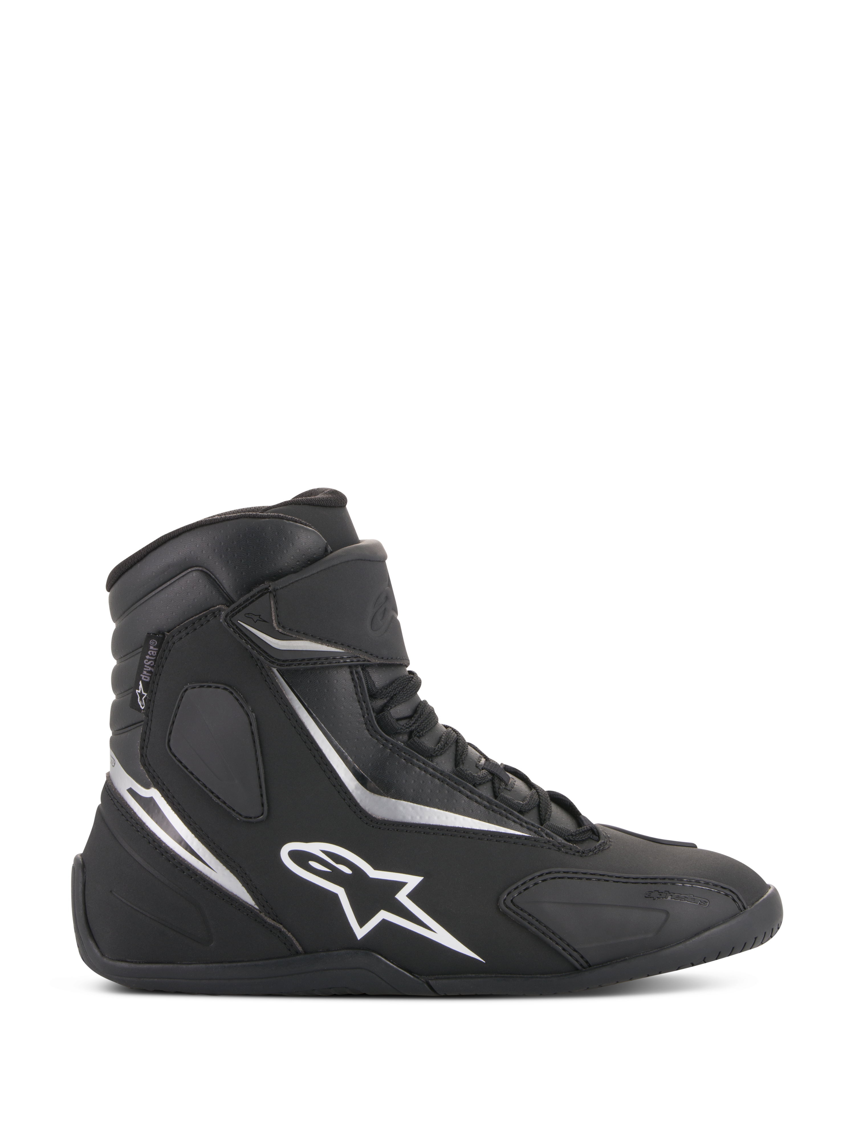 Alpinestars Fastback 2 Drystar, chaussures de moto montantes imperméables, baskets noires et blanches avec logo étoile blanc et accents argentés, fermeture à lacets et sangle velcro, chaussures de conduite urbaine imperméables